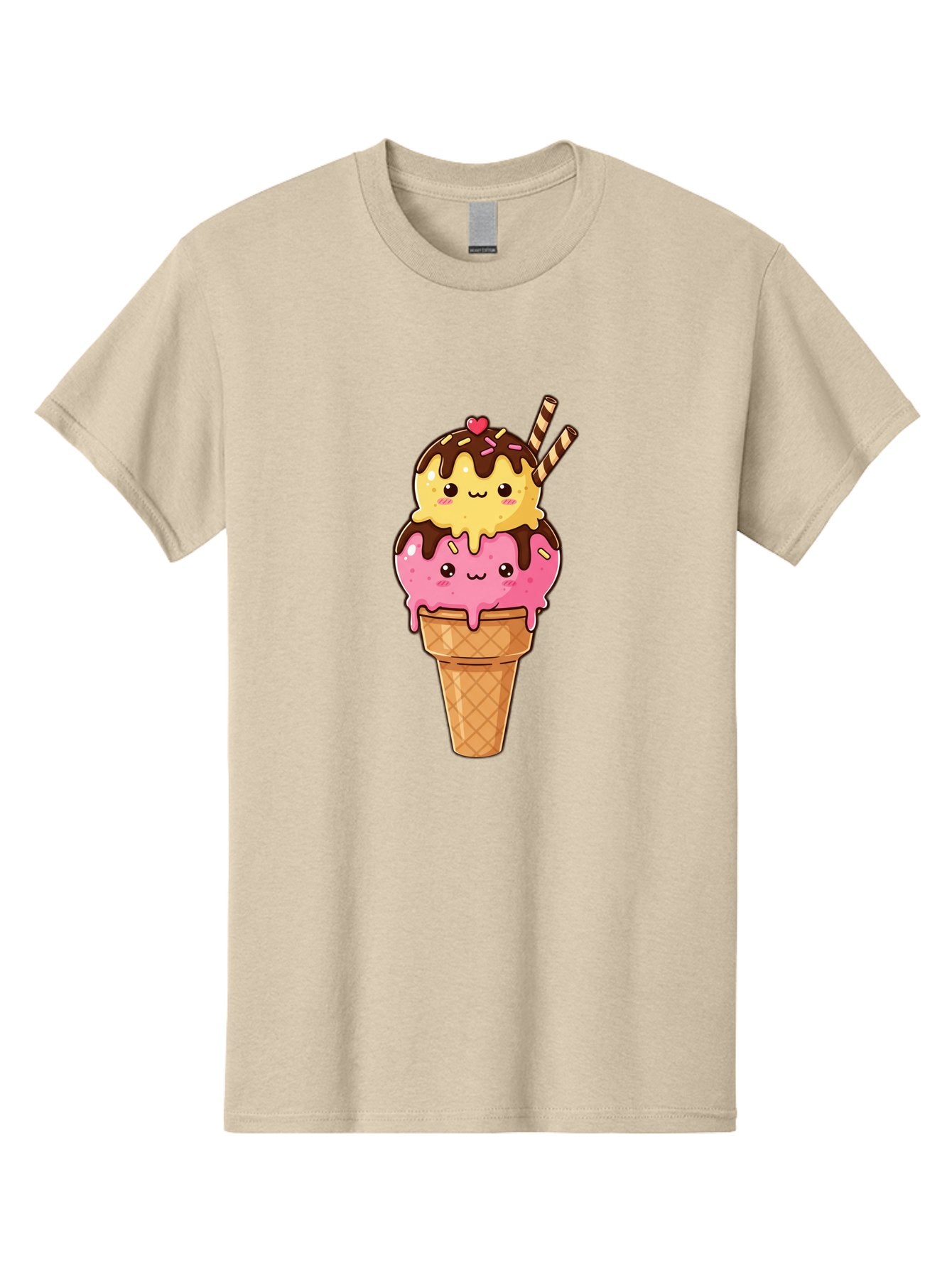 Double-Scoop-Ice-Cream-2 Men'S Graphic Tee, 100% Cotton, Comfortable Casual Summer Wear, Machine Washable, Kawaii Ice Cream, Cartoon Dessert, Melting Ice Cream, Waffle Cone, Chocolate Sauce, Pink And Yellow Ice Cream, Adorable Illustration, Baa547 4