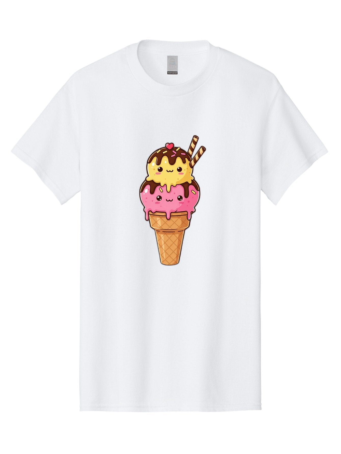 Double-Scoop-Ice-Cream-2 Men'S Graphic Tee, 100% Cotton, Comfortable Casual Summer Wear, Machine Washable, Kawaii Ice Cream, Cartoon Dessert, Melting Ice Cream, Waffle Cone, Chocolate Sauce, Pink And Yellow Ice Cream, Adorable Illustration, Baa547 9