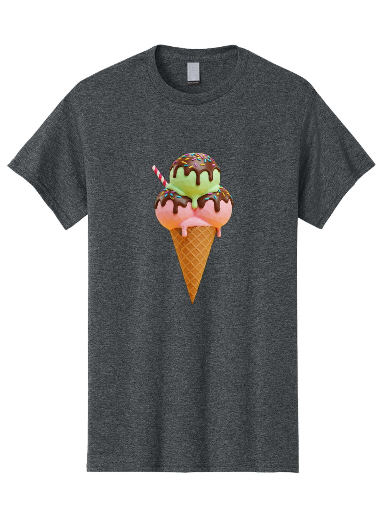 Double-Scoop-Ice-Cream Men'S Graphic Tee, 100% Cotton, Comfortable Casual Summer Wear, Machine Washable, Double Scoop Ice Cream, Waffle Cone, Chocolate Sauce, Sprinkles, Cold Treat, Sweet Dessert, Strawberry Ice Cream, Pistachio Ice Cream, Baa548