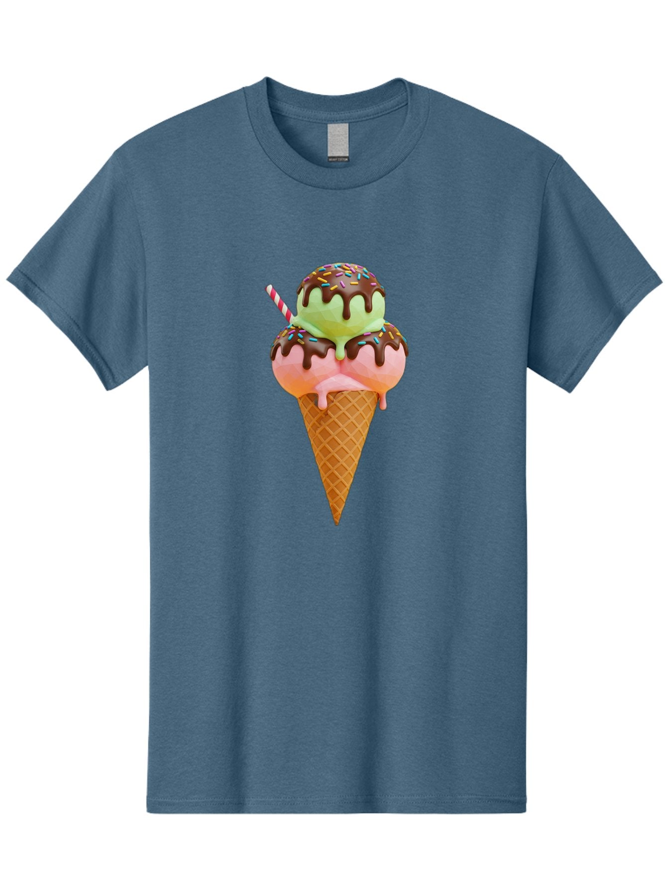Double-Scoop-Ice-Cream Men'S Graphic Tee, 100% Cotton, Comfortable Casual Summer Wear, Machine Washable, Double Scoop Ice Cream, Waffle Cone, Chocolate Sauce, Sprinkles, Cold Treat, Sweet Dessert, Strawberry Ice Cream, Pistachio Ice Cream, Baa548 9