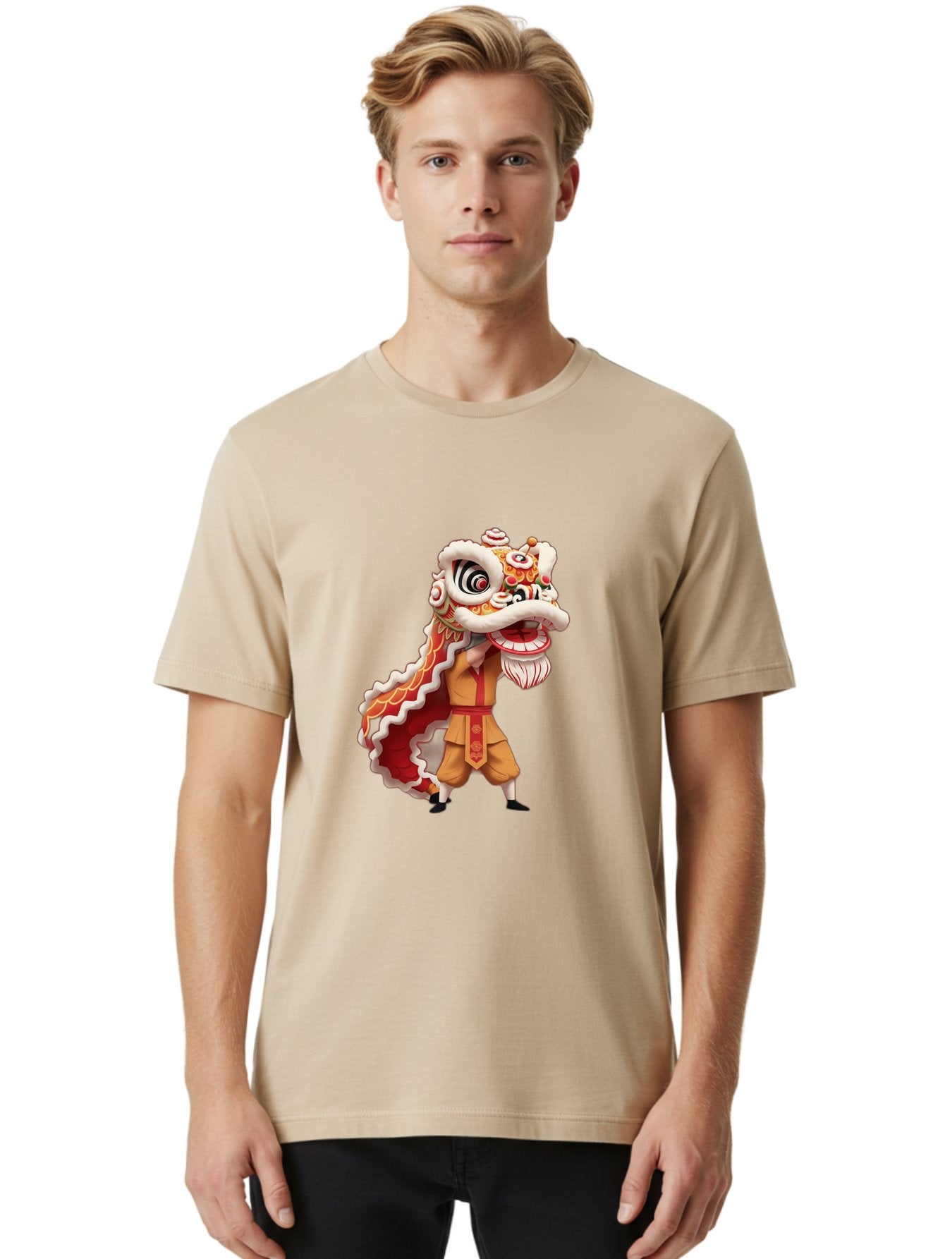Dragon-Dance-1 Men'S Graphic Tee, 100% Cotton, Comfortable Casual Summer Wear, Machine Washable, Lion Dance Performance, Traditional Chinese Culture, Festive Atmosphere, Vibrant Colors, Energetic Dancer, Cultural Heritage, Baa550 30