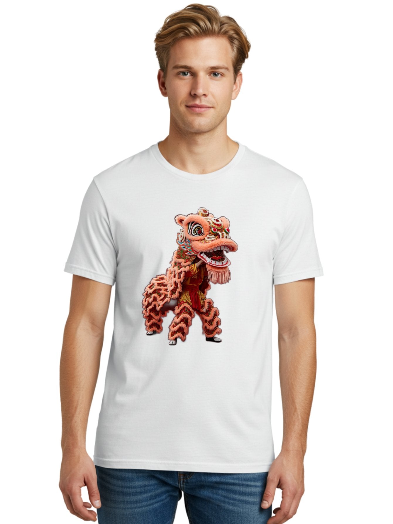 Dragon-Dance-2 Men'S Graphic Tee, 100% Cotton, Comfortable Casual Summer Wear, Machine Washable, Traditional Lion Dance, Cultural Heritage, Chinese New Year, Festive Decorations, Vibrant Colors, Mythical Creature, Dynamic Pose, Baa551 21