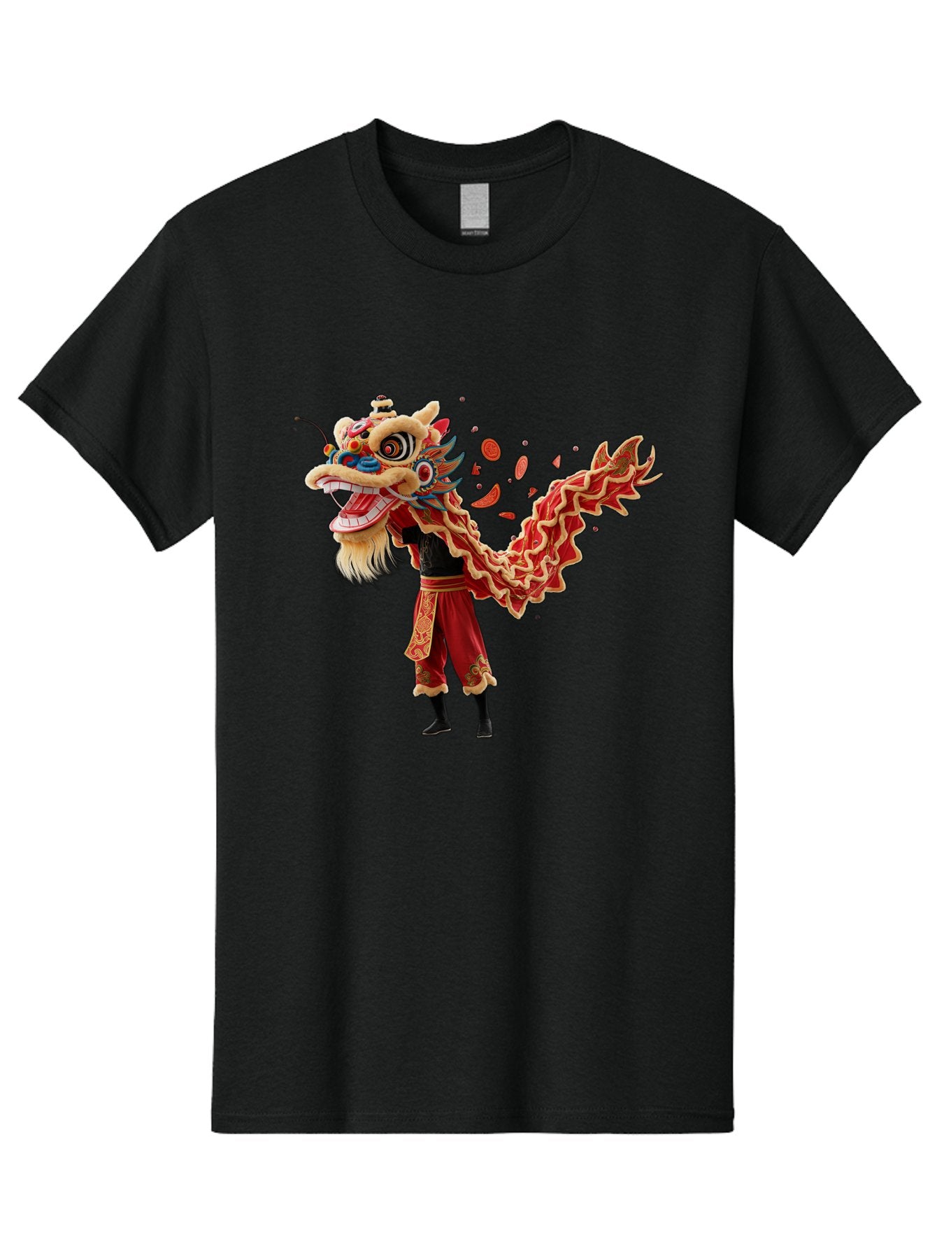 Dragon-Dance-Costume-1 Men'S Graphic Tee, 100% Cotton, Comfortable Casual Summer Wear, Machine Washable, Lion Dance Performance, Traditional Chinese Dance, Cultural Heritage, Vibrant Red Costume, Gold Accents, Festive Atmosphere, Baa552