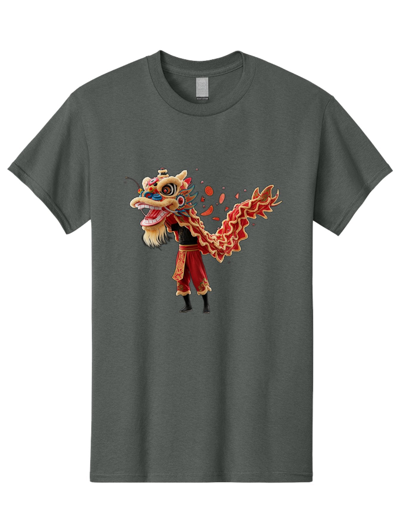 Dragon-Dance-Costume-1 Men'S Graphic Tee, 100% Cotton, Comfortable Casual Summer Wear, Machine Washable, Lion Dance Performance, Traditional Chinese Dance, Cultural Heritage, Vibrant Red Costume, Gold Accents, Festive Atmosphere, Baa552 15