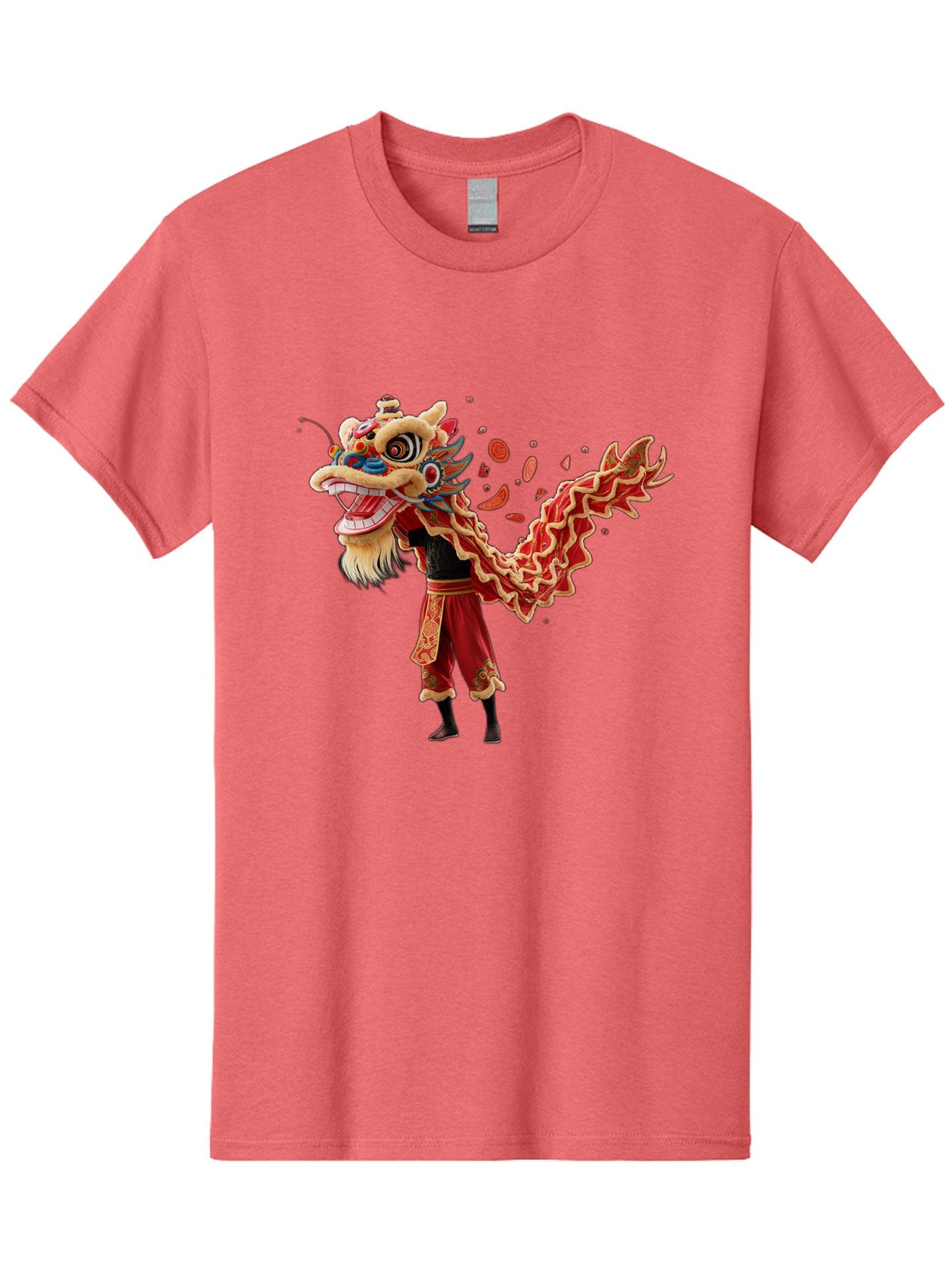 Dragon-Dance-Costume-1 Men'S Graphic Tee, 100% Cotton, Comfortable Casual Summer Wear, Machine Washable, Lion Dance Performance, Traditional Chinese Dance, Cultural Heritage, Vibrant Red Costume, Gold Accents, Festive Atmosphere, Baa552 13