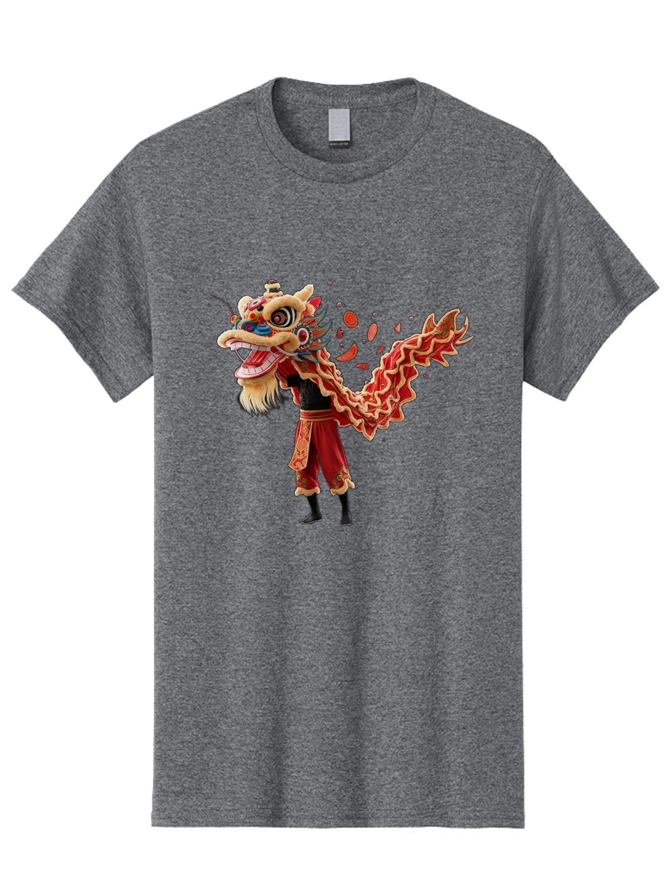 Dragon-Dance-Costume-1 Men'S Graphic Tee, 100% Cotton, Comfortable Casual Summer Wear, Machine Washable, Lion Dance Performance, Traditional Chinese Dance, Cultural Heritage, Vibrant Red Costume, Gold Accents, Festive Atmosphere, Baa552 6