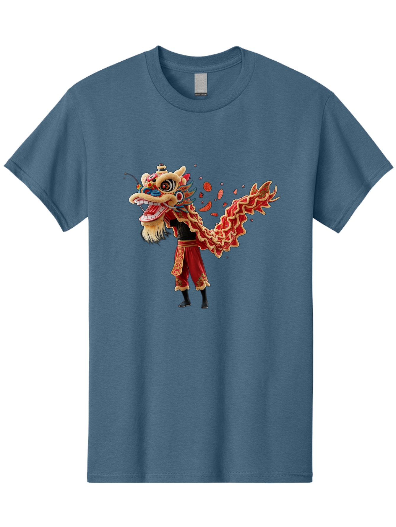 Dragon-Dance-Costume-1 Men'S Graphic Tee, 100% Cotton, Comfortable Casual Summer Wear, Machine Washable, Lion Dance Performance, Traditional Chinese Dance, Cultural Heritage, Vibrant Red Costume, Gold Accents, Festive Atmosphere, Baa552 5