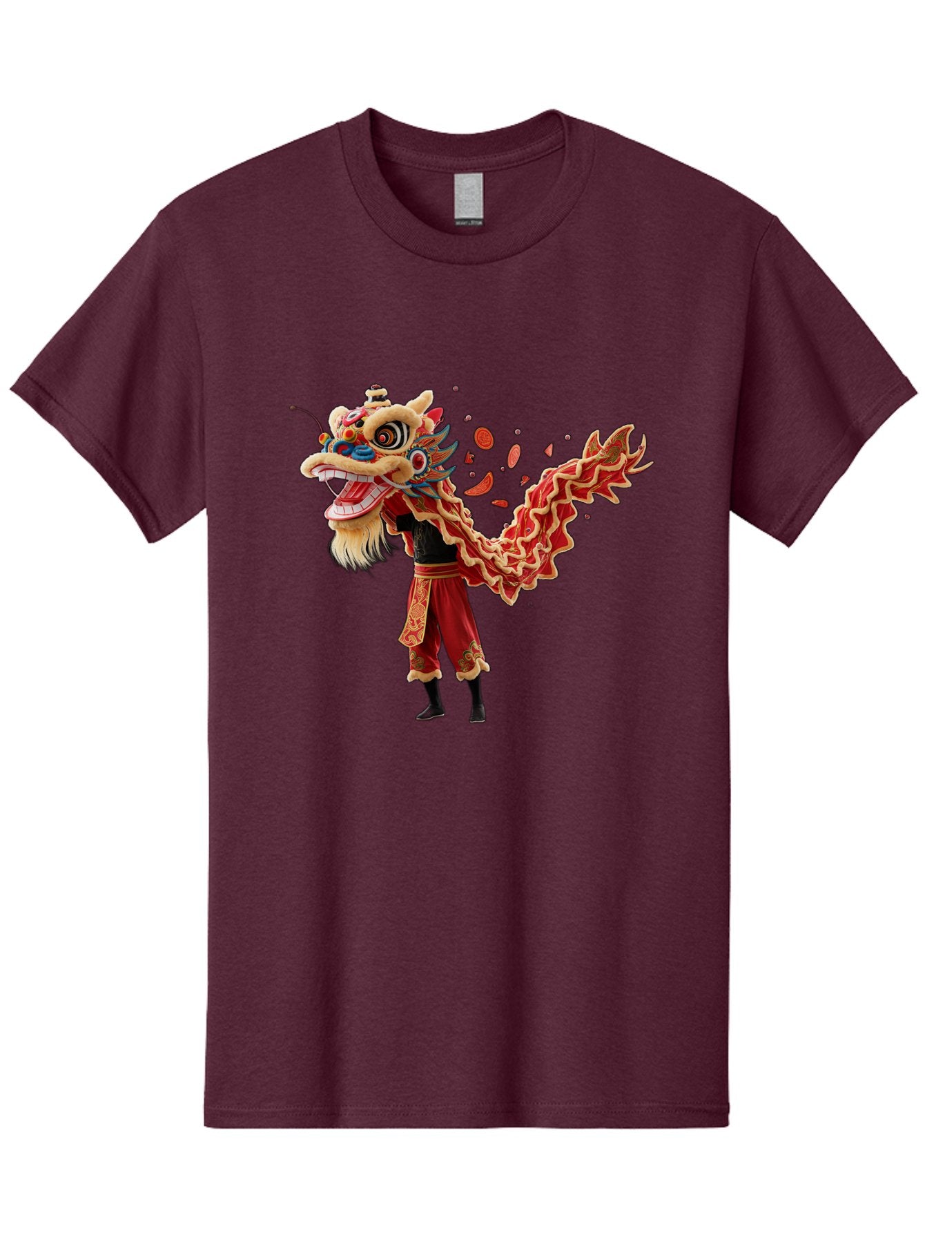 Dragon-Dance-Costume-1 Men'S Graphic Tee, 100% Cotton, Comfortable Casual Summer Wear, Machine Washable, Lion Dance Performance, Traditional Chinese Dance, Cultural Heritage, Vibrant Red Costume, Gold Accents, Festive Atmosphere, Baa552 11