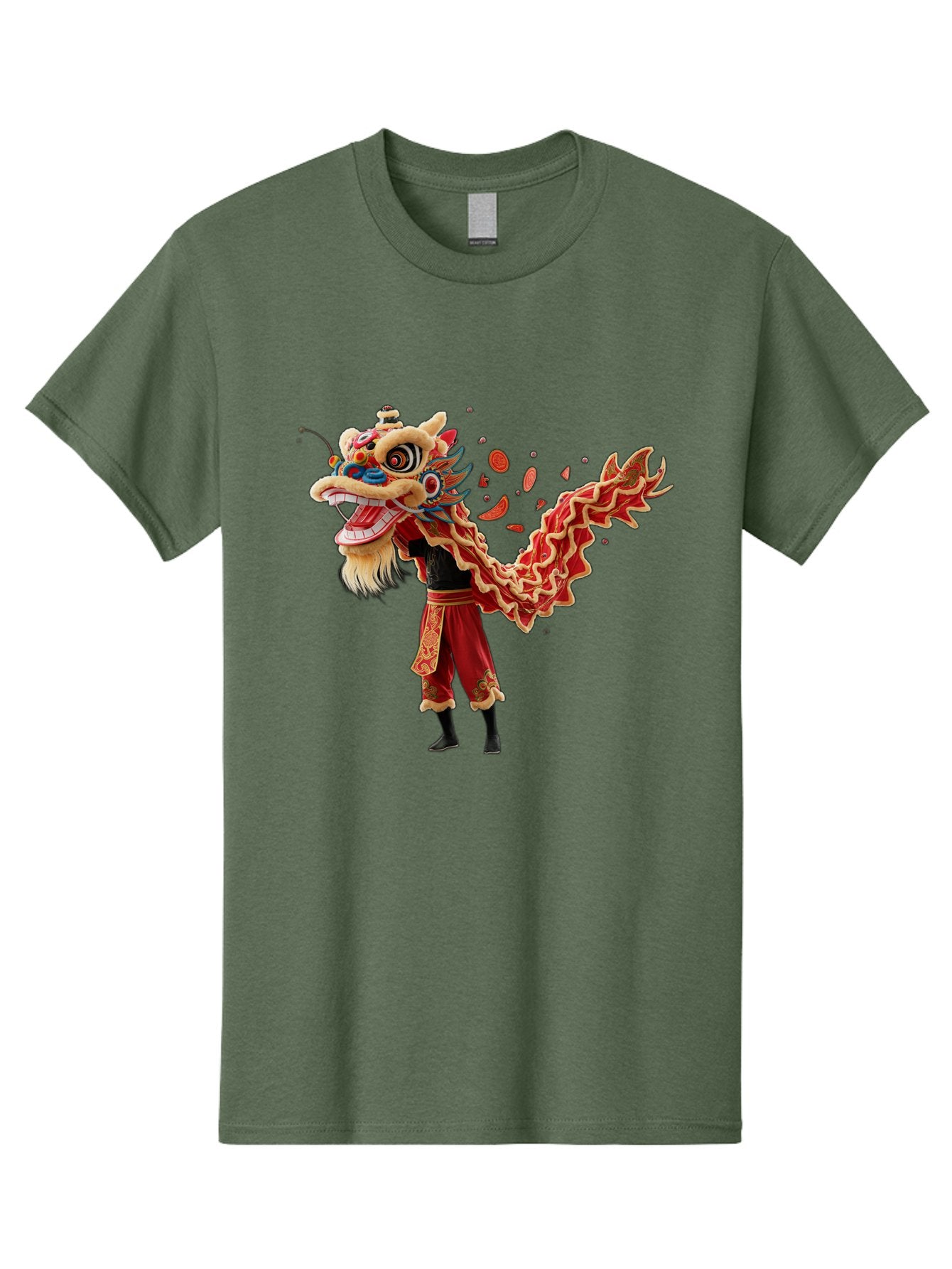 Dragon-Dance-Costume-1 Men'S Graphic Tee, 100% Cotton, Comfortable Casual Summer Wear, Machine Washable, Lion Dance Performance, Traditional Chinese Dance, Cultural Heritage, Vibrant Red Costume, Gold Accents, Festive Atmosphere, Baa552 4
