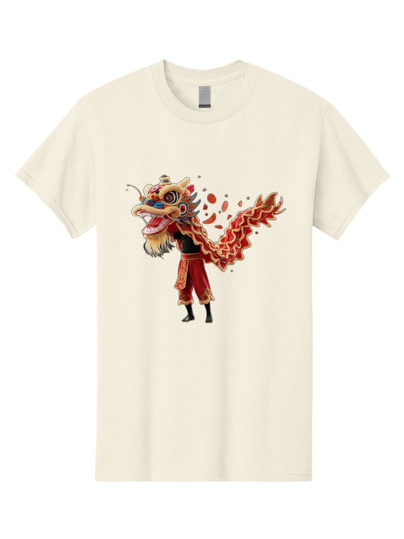 Dragon-Dance-Costume-1 Men'S Graphic Tee, 100% Cotton, Comfortable Casual Summer Wear, Machine Washable, Lion Dance Performance, Traditional Chinese Dance, Cultural Heritage, Vibrant Red Costume, Gold Accents, Festive Atmosphere, Baa552 9