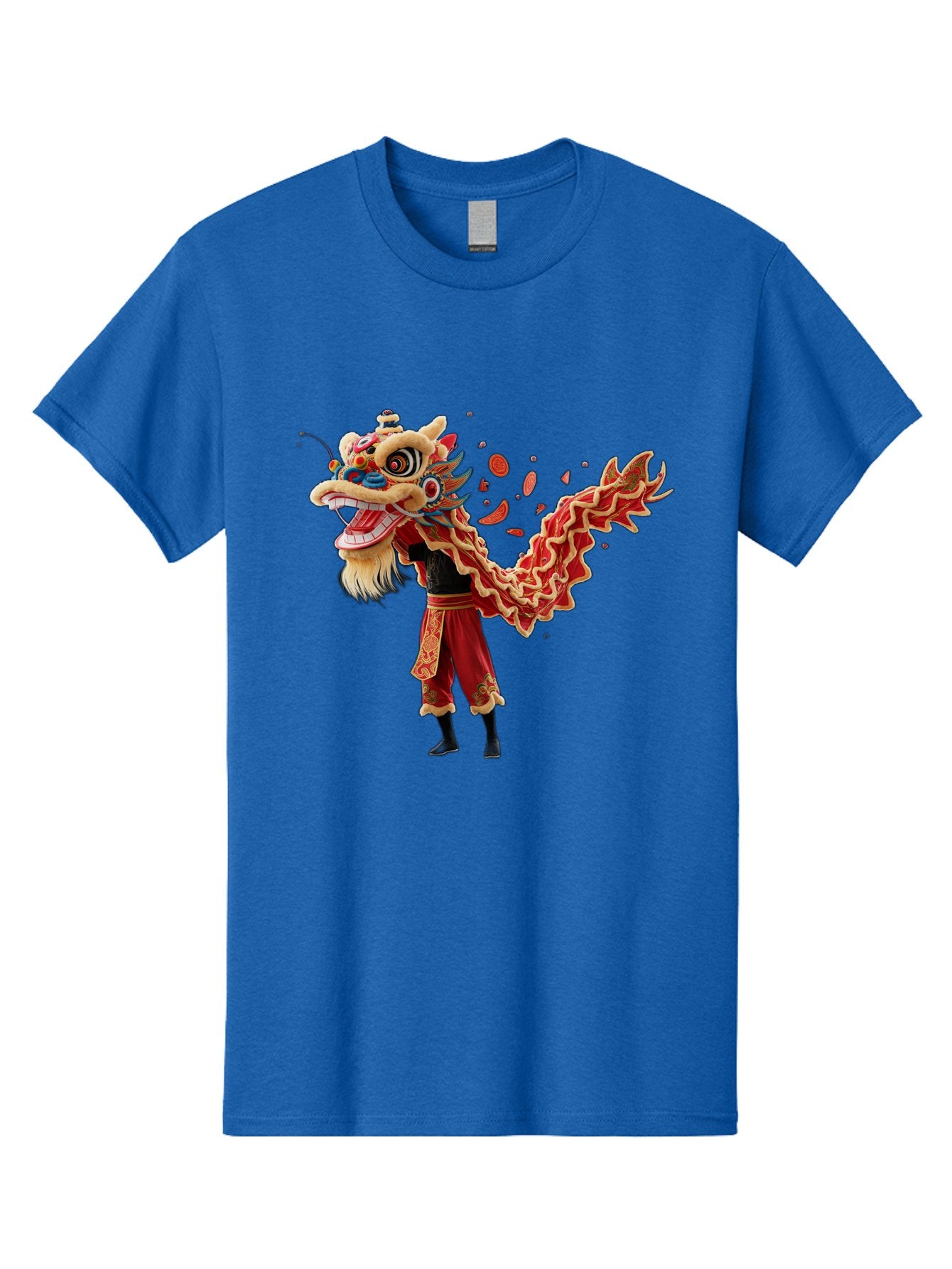 Dragon-Dance-Costume-1 Men'S Graphic Tee, 100% Cotton, Comfortable Casual Summer Wear, Machine Washable, Lion Dance Performance, Traditional Chinese Dance, Cultural Heritage, Vibrant Red Costume, Gold Accents, Festive Atmosphere, Baa552 3