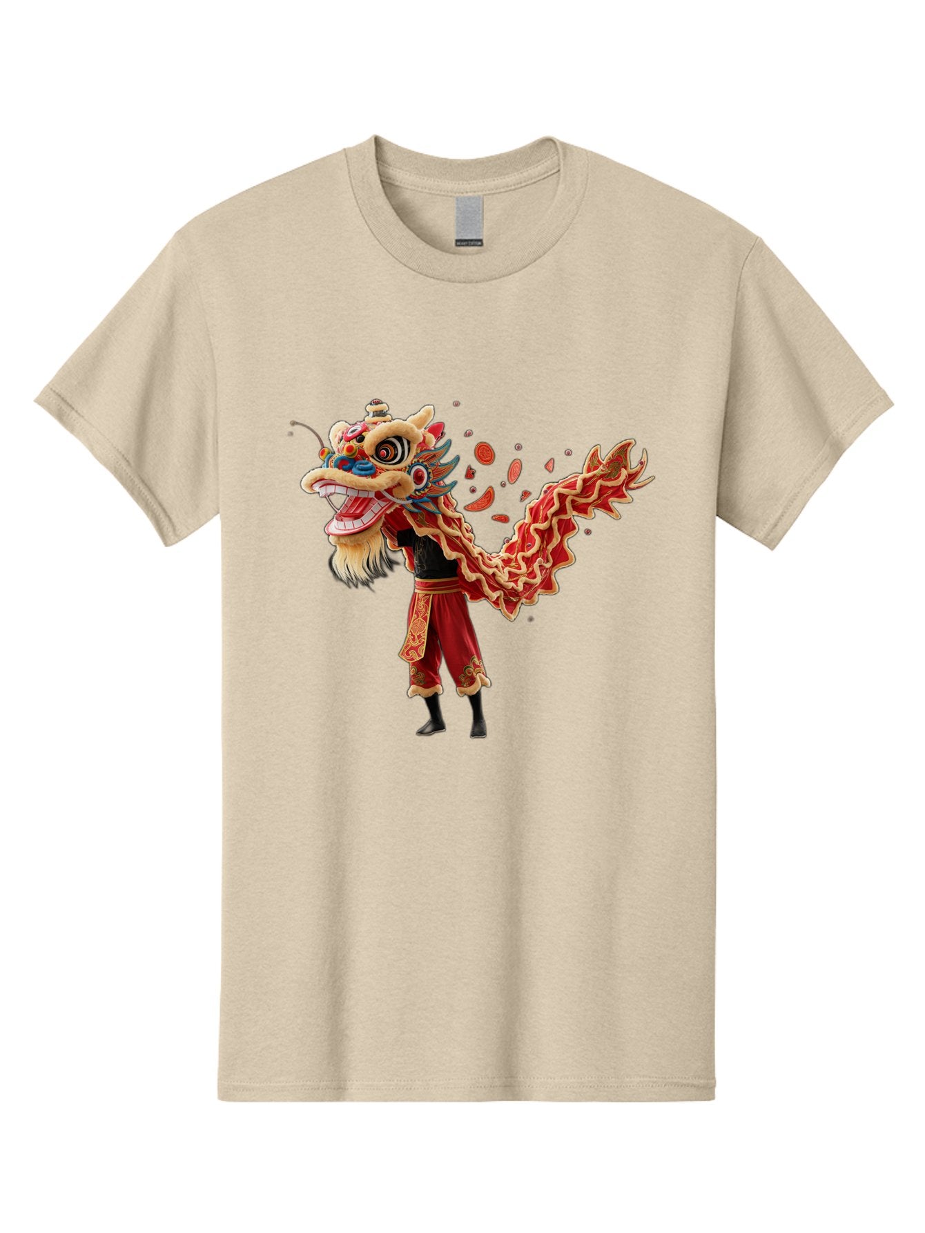 Dragon-Dance-Costume-1 Men'S Graphic Tee, 100% Cotton, Comfortable Casual Summer Wear, Machine Washable, Lion Dance Performance, Traditional Chinese Dance, Cultural Heritage, Vibrant Red Costume, Gold Accents, Festive Atmosphere, Baa552