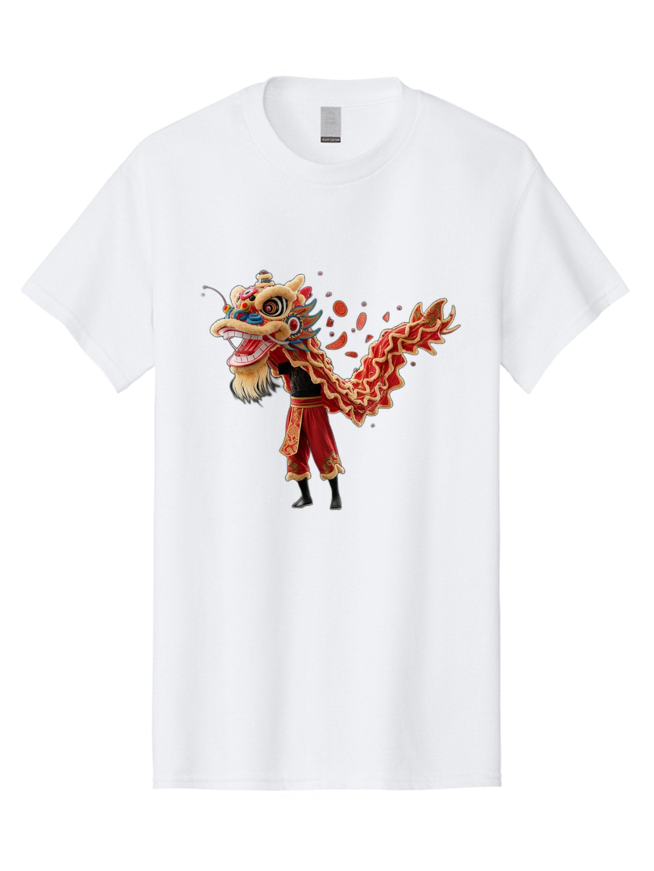 Dragon-Dance-Costume-1 Men'S Graphic Tee, 100% Cotton, Comfortable Casual Summer Wear, Machine Washable, Lion Dance Performance, Traditional Chinese Dance, Cultural Heritage, Vibrant Red Costume, Gold Accents, Festive Atmosphere, Baa552 14