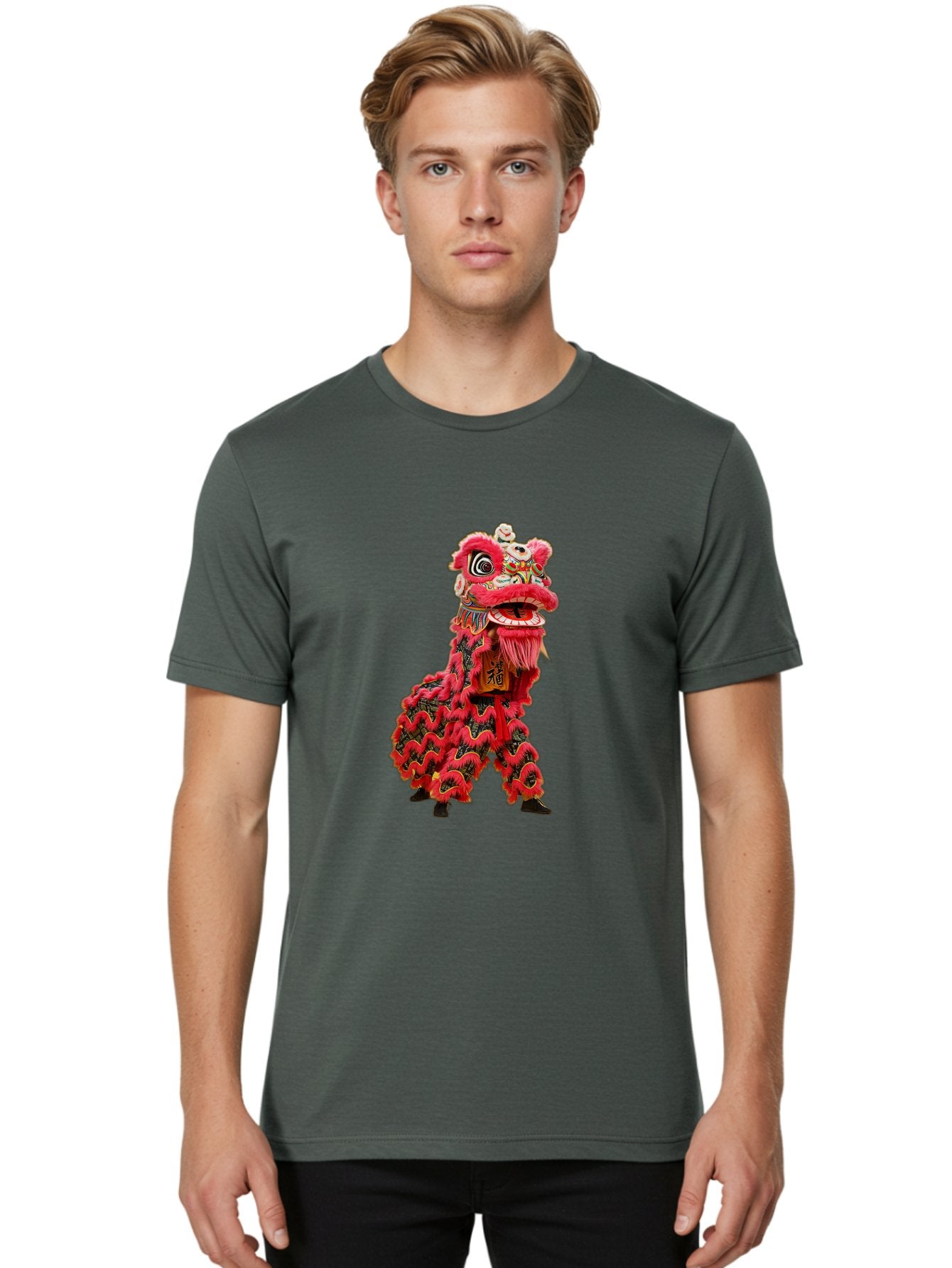 Dragon-Dance-Costume-4 Men'S Graphic Tee, 100% Cotton, Comfortable Casual Summer Wear, Machine Washable, Chinese Lion Dance, Traditional Costume, Vibrant Red Colors, Intricate Designs, Cultural Heritage, Festive Atmosphere, Lion Head, Baa555 30