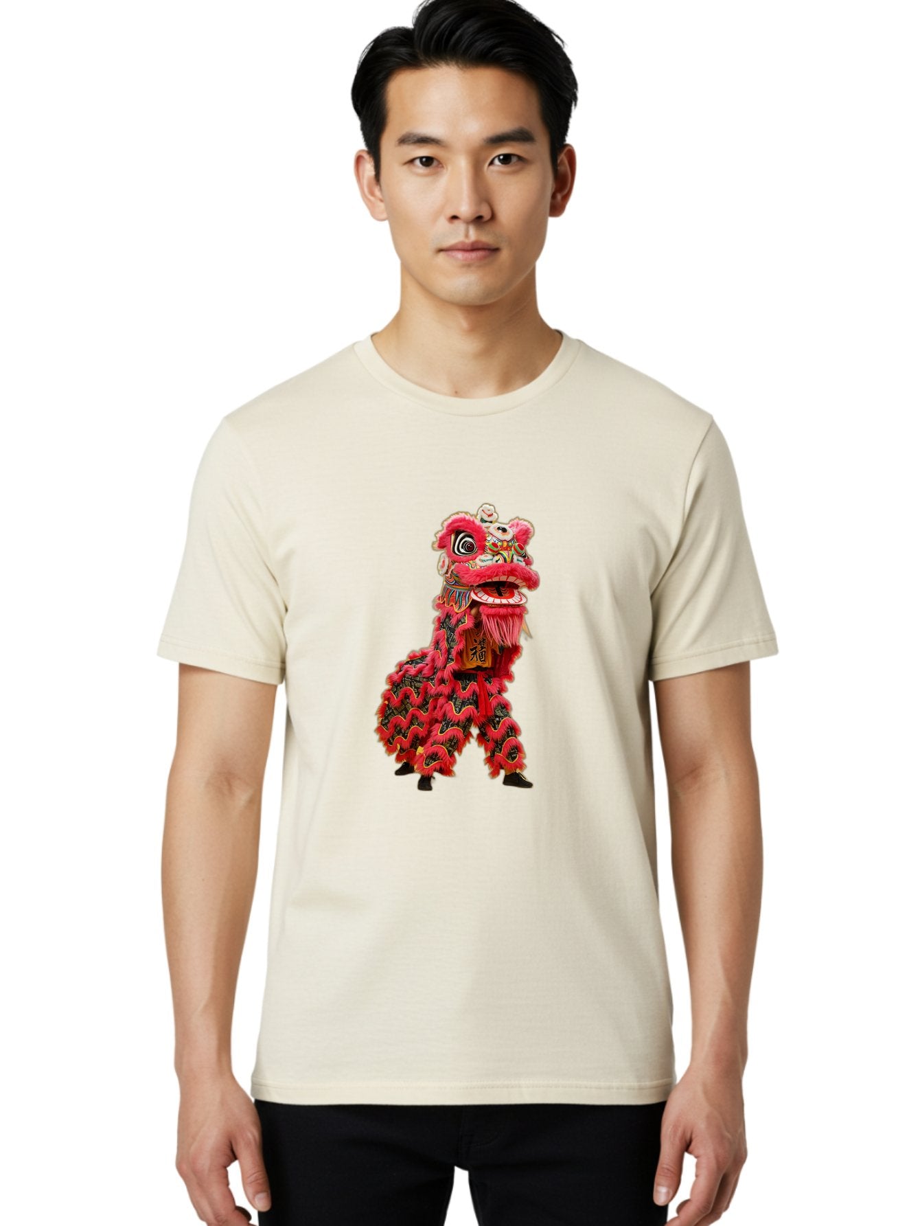 Dragon-Dance-Costume-4 Men'S Graphic Tee, 100% Cotton, Comfortable Casual Summer Wear, Machine Washable, Chinese Lion Dance, Traditional Costume, Vibrant Red Colors, Intricate Designs, Cultural Heritage, Festive Atmosphere, Lion Head, Baa555 23