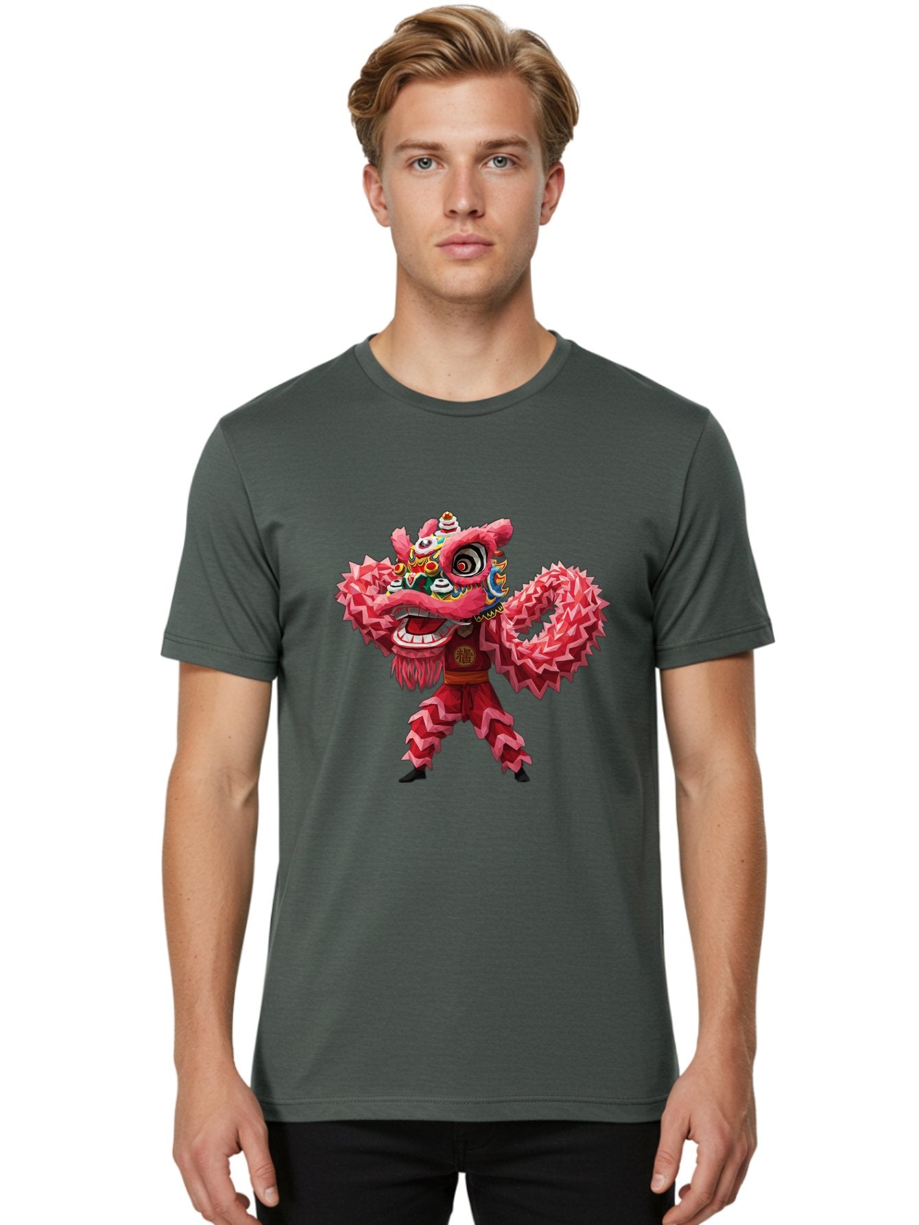Dragon-Dance Men'S Graphic Tee, 100% Cotton, Comfortable Casual Summer Wear, Machine Washable, Traditional Lion Dance Costume, Cultural Heritage, Festive Celebration, Vibrant Red Color, Intricate Design, Dynamic Movement, Chinese Culture, Baa558 29