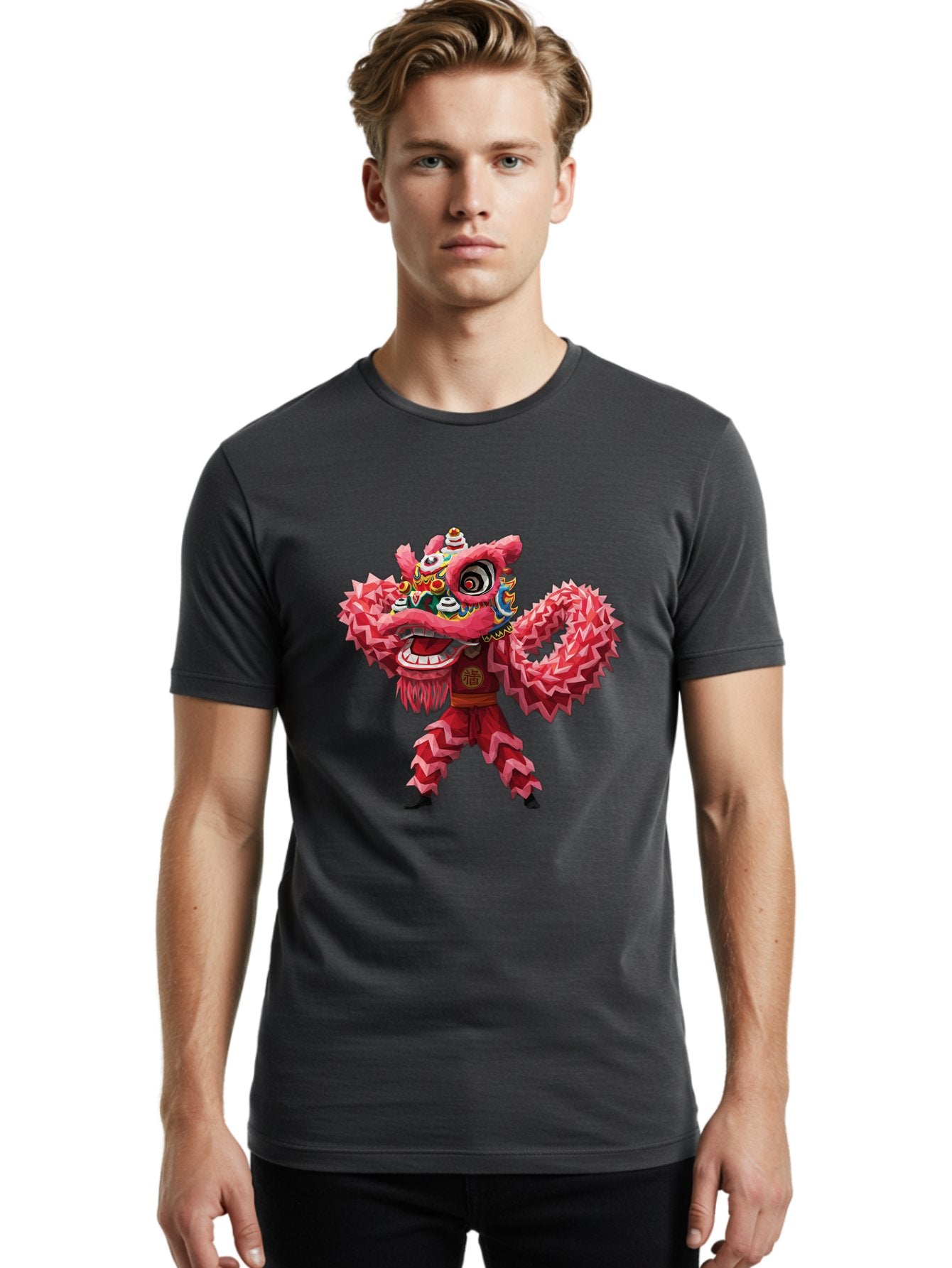 Dragon-Dance Men'S Graphic Tee, 100% Cotton, Comfortable Casual Summer Wear, Machine Washable, Traditional Lion Dance Costume, Cultural Heritage, Festive Celebration, Vibrant Red Color, Intricate Design, Dynamic Movement, Chinese Culture, Baa558 17