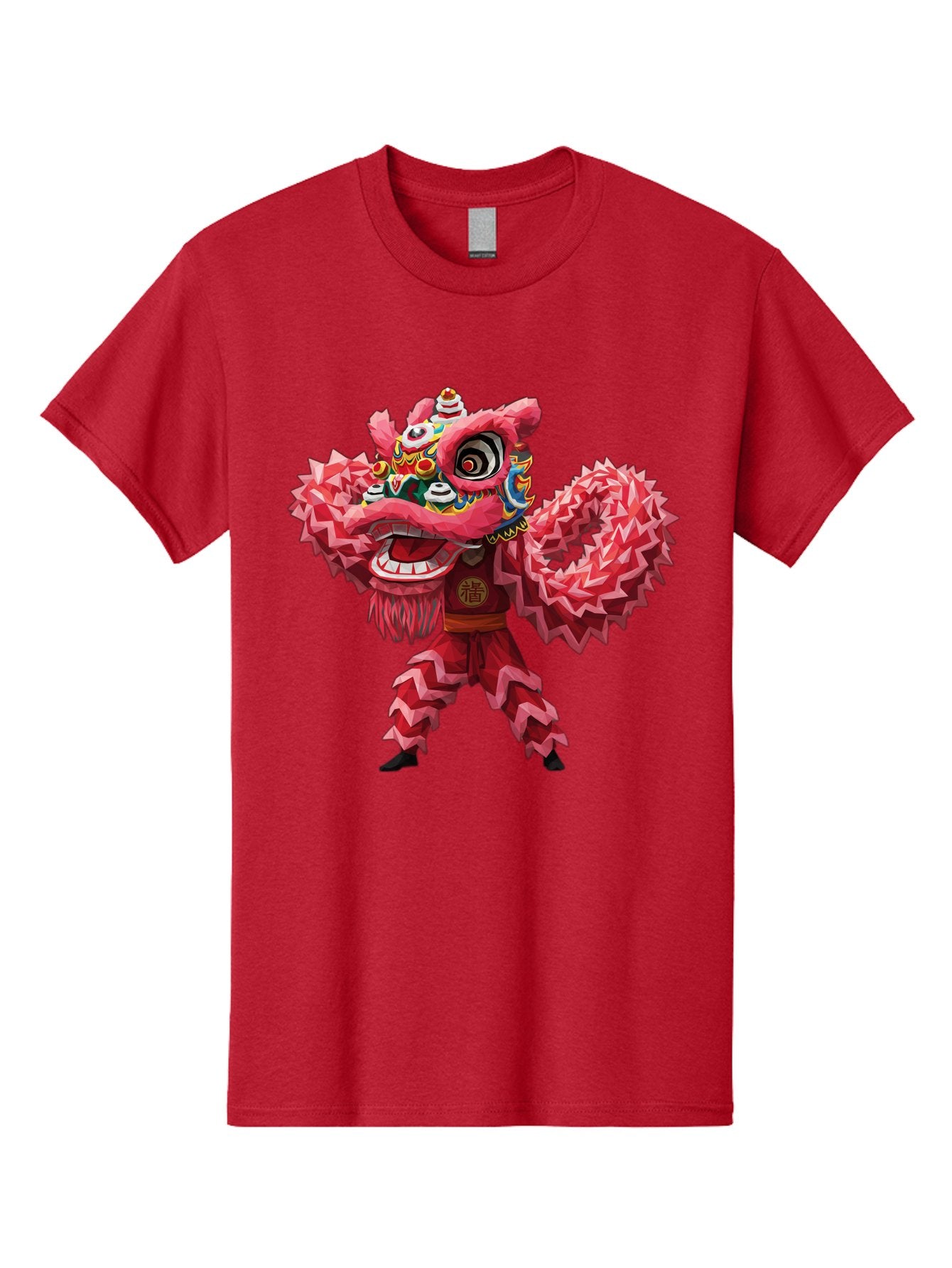 Dragon-Dance Men'S Graphic Tee, 100% Cotton, Comfortable Casual Summer Wear, Machine Washable, Traditional Lion Dance Costume, Cultural Heritage, Festive Celebration, Vibrant Red Color, Intricate Design, Dynamic Movement, Chinese Culture, Baa558