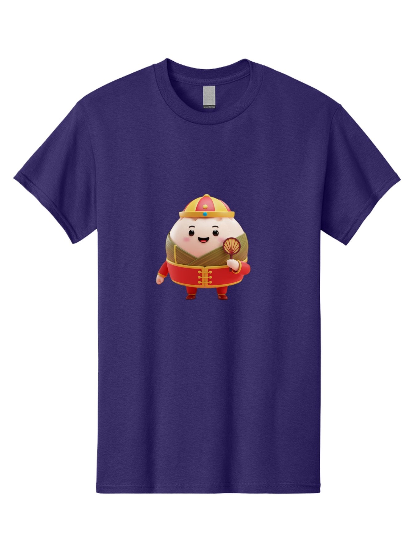 Dumpling-Character Men'S Graphic Tee, 100% Cotton, Comfortable Casual Summer Wear, Machine Washable, Cartoon Dumpling, Traditional Chinese Clothing, Red And Gold Attire, Smiling Face, Holding Fan, Cute Character, Chinese Culture, Baa568