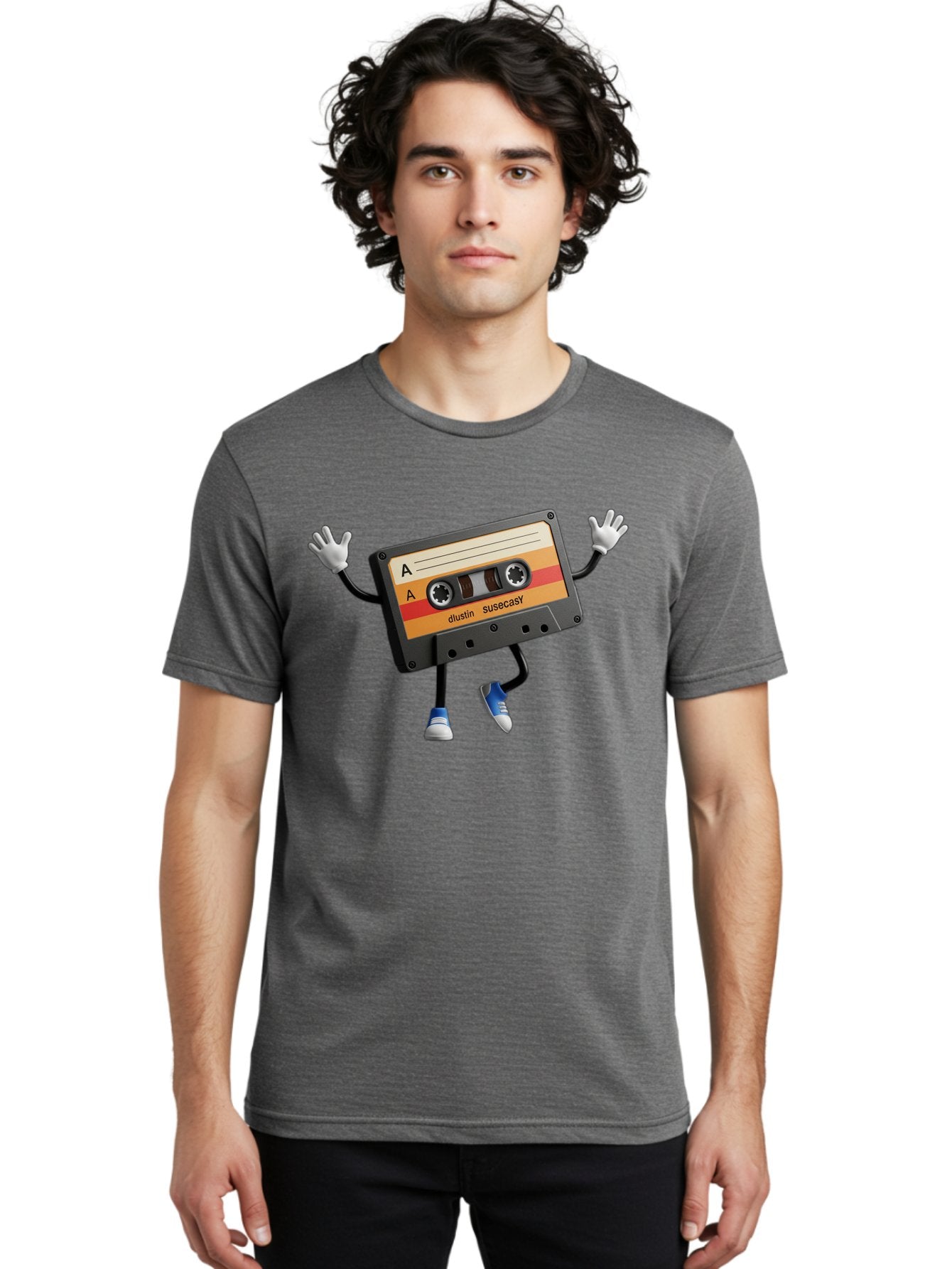 Dustin-Susacasy-Cassette Men'S Graphic Tee, 100% Cotton, Comfortable Casual Summer Wear, Machine Washable, Retro Cassette Tape Character, Vintage Music Format, Nostalgic Design, Animated Object, Dancin' Mixtape, Funky Art Style, Playful Vibe, Baa571 23