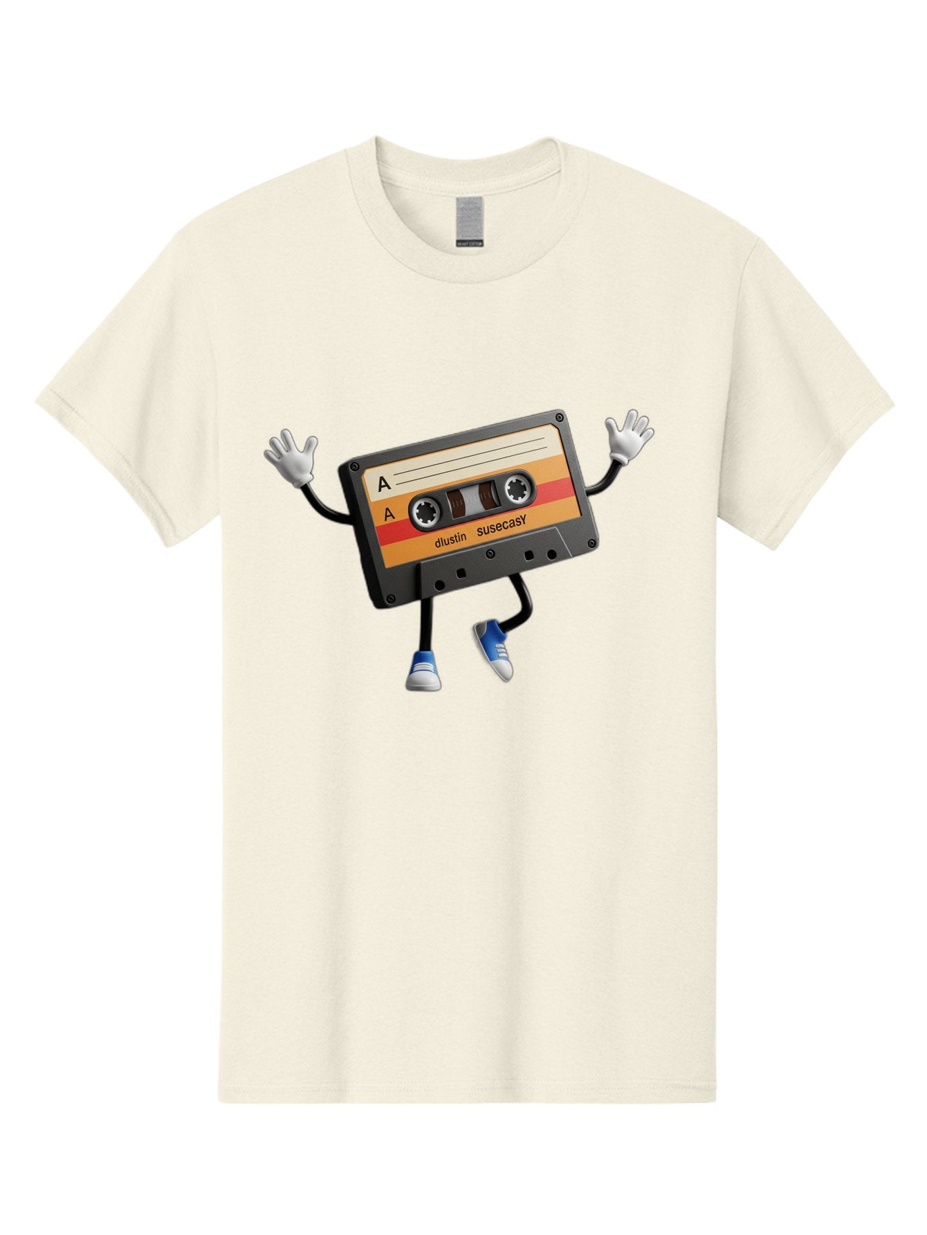 Dustin-Susacasy-Cassette Men'S Graphic Tee, 100% Cotton, Comfortable Casual Summer Wear, Machine Washable, Retro Cassette Tape Character, Vintage Music Format, Nostalgic Design, Animated Object, Dancin' Mixtape, Funky Art Style, Playful Vibe, Baa571