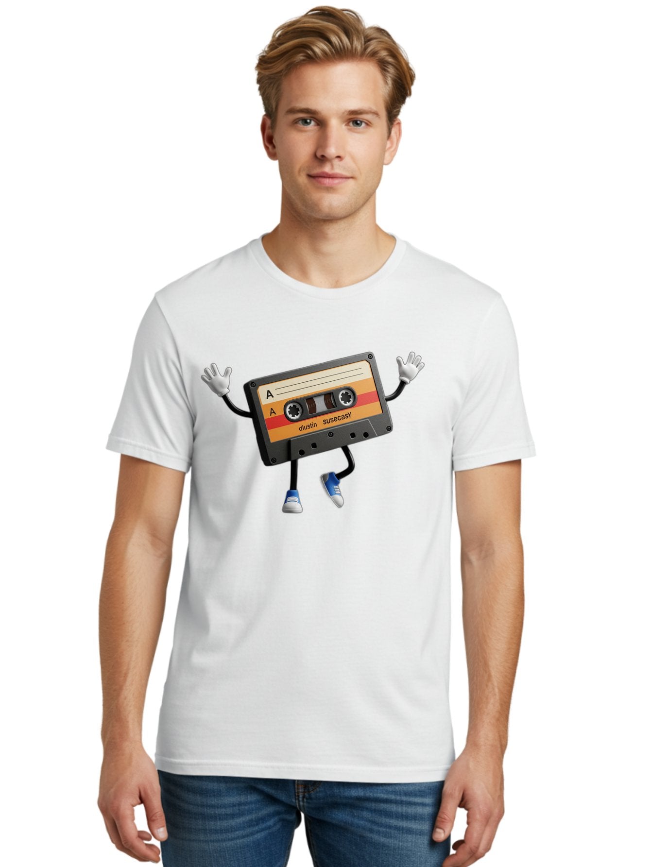 Dustin-Susacasy-Cassette Men'S Graphic Tee, 100% Cotton, Comfortable Casual Summer Wear, Machine Washable, Retro Cassette Tape Character, Vintage Music Format, Nostalgic Design, Animated Object, Dancin' Mixtape, Funky Art Style, Playful Vibe, Baa571 17