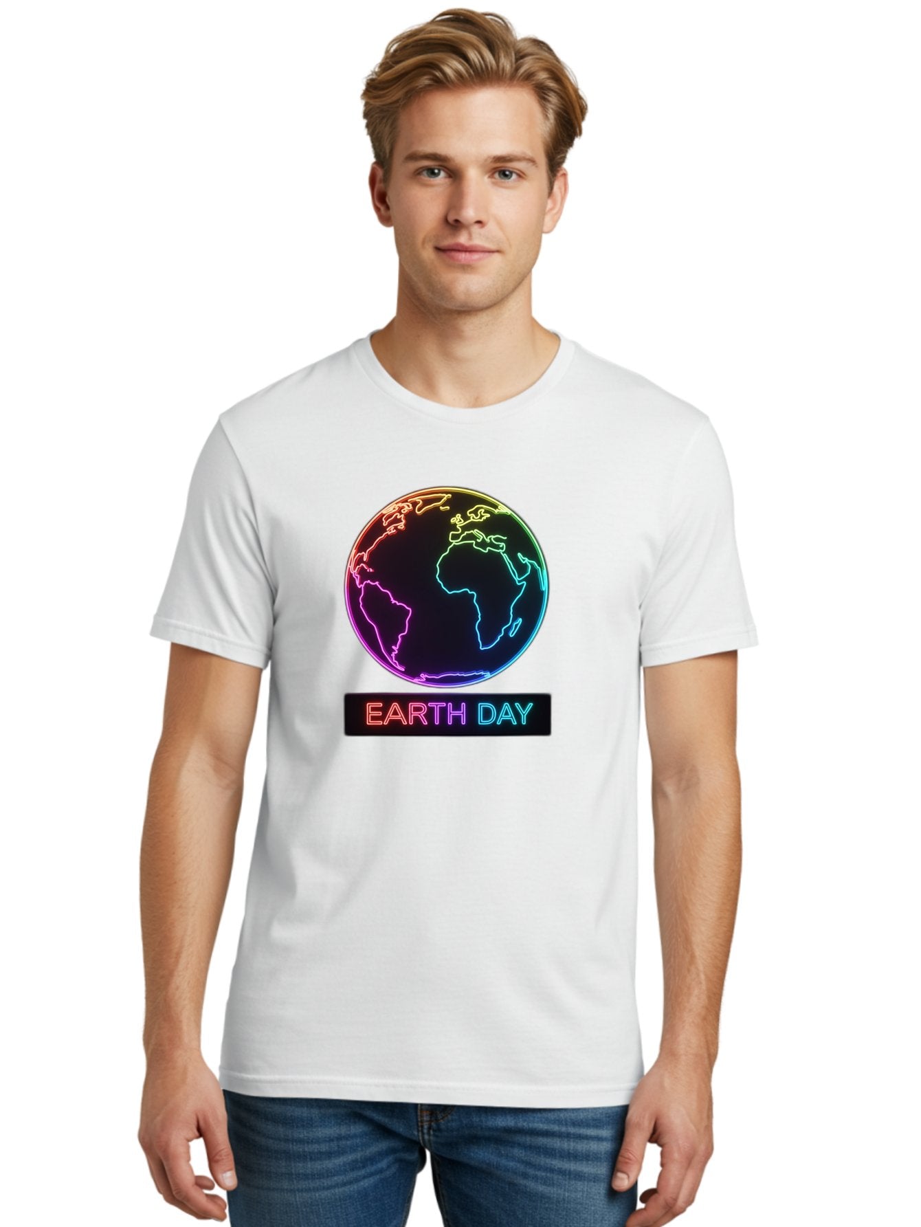 Earth-Day-1 Men'S Graphic Tee, 100% Cotton, Comfortable Casual Summer Wear, Machine Washable, Earth Day, Planet Earth, Globe, Neon Lights, Colorful Graphics, Environmental Awareness, Conservation, Sustainability, Eco-Friendly, World Map Baa573 27