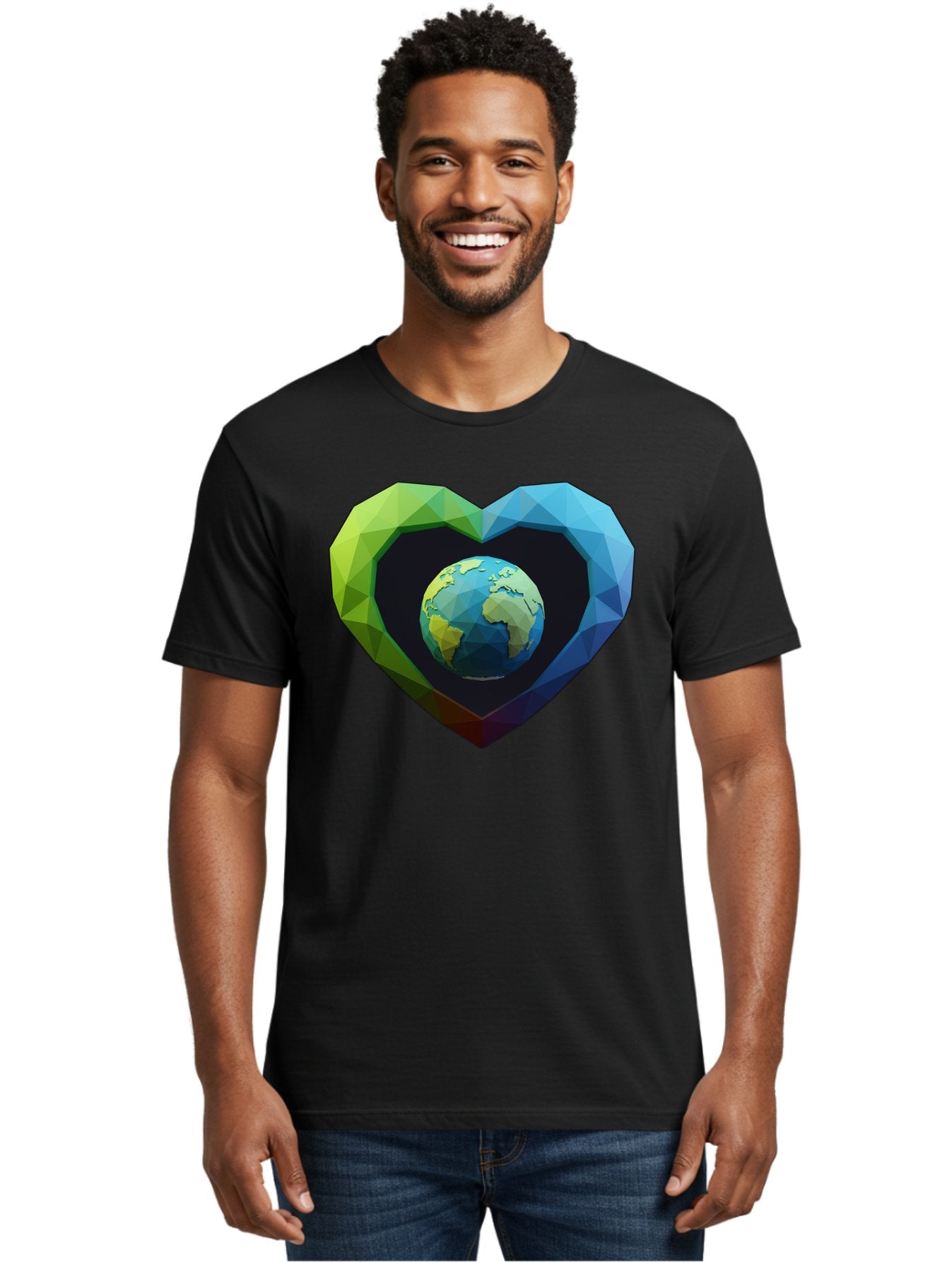 Earth-In-Heart-2 Men'S Graphic Tee, 100% Cotton, Comfortable Casual Summer Wear, Machine Washable, Globe In The Heart, Low Poly Art, Earth Love, Eco Friendly, Environmental Awareness, Blue And Green Hues, Polygonal Heart, Earth Centered, Baa582 17