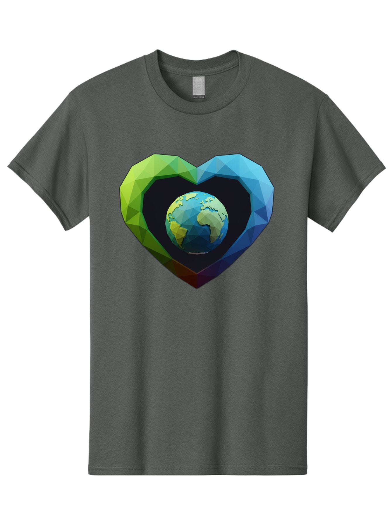Earth-In-Heart-2 Men'S Graphic Tee, 100% Cotton, Comfortable Casual Summer Wear, Machine Washable, Globe In The Heart, Low Poly Art, Earth Love, Eco Friendly, Environmental Awareness, Blue And Green Hues, Polygonal Heart, Earth Centered, Baa582 7