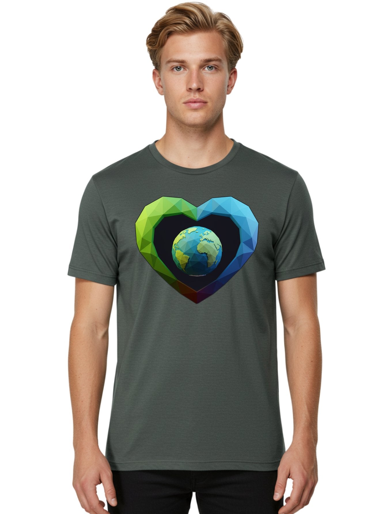 Earth-In-Heart-2 Men'S Graphic Tee, 100% Cotton, Comfortable Casual Summer Wear, Machine Washable, Globe In The Heart, Low Poly Art, Earth Love, Eco Friendly, Environmental Awareness, Blue And Green Hues, Polygonal Heart, Earth Centered, Baa582 16