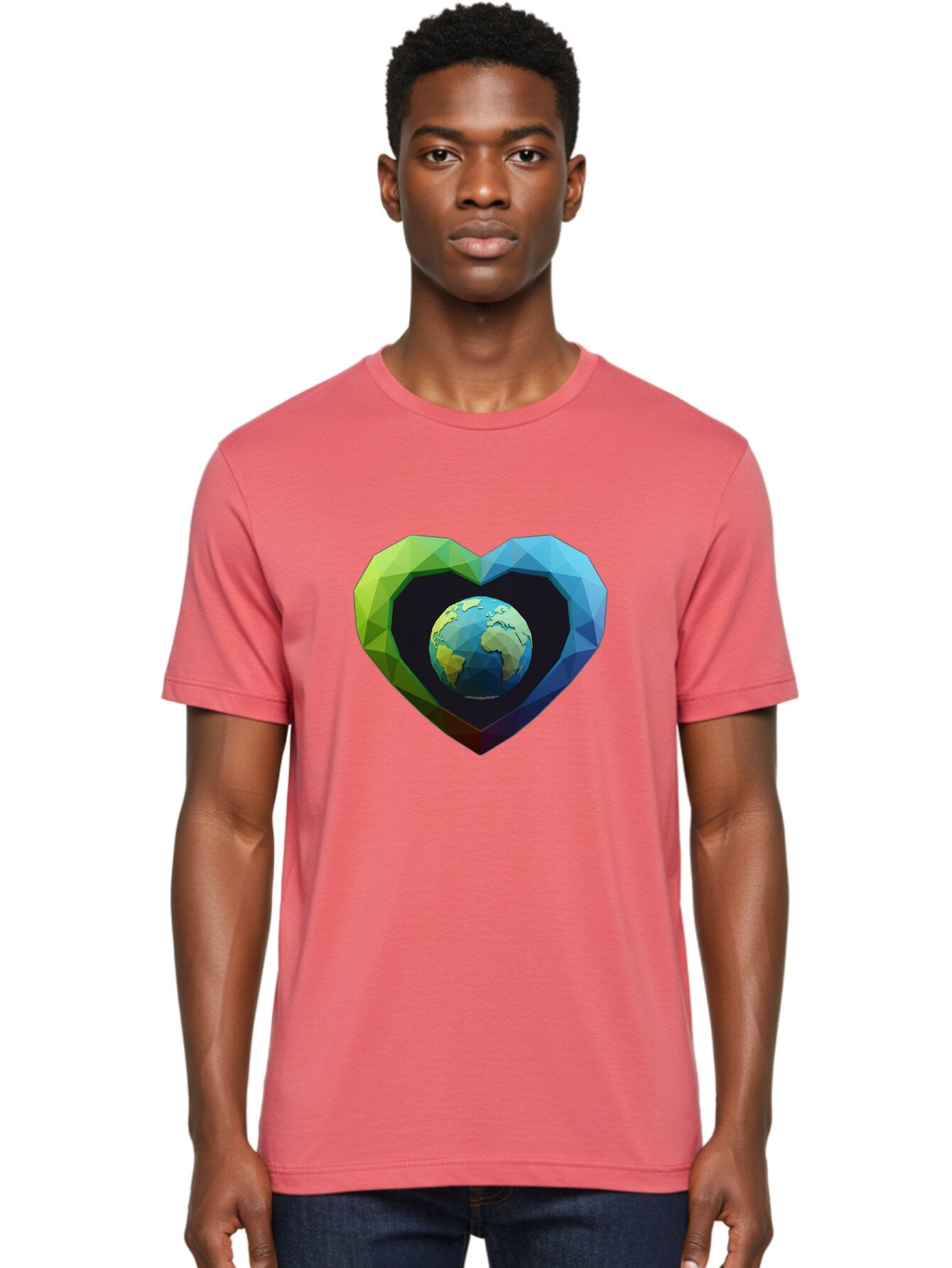 Earth-In-Heart-2 Men'S Graphic Tee, 100% Cotton, Comfortable Casual Summer Wear, Machine Washable, Globe In The Heart, Low Poly Art, Earth Love, Eco Friendly, Environmental Awareness, Blue And Green Hues, Polygonal Heart, Earth Centered, Baa582 22