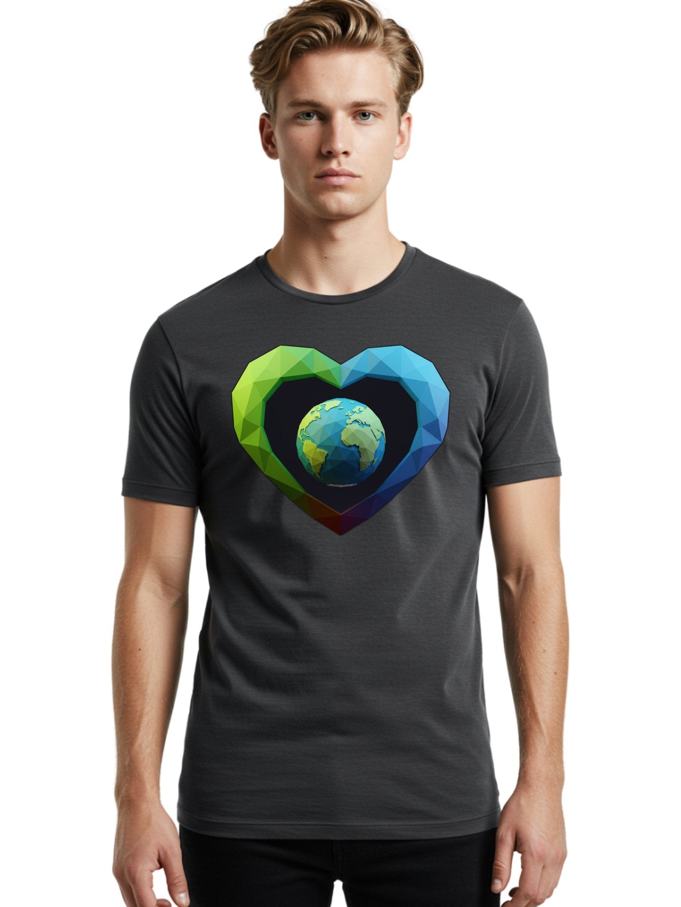 Earth-In-Heart-2 Men'S Graphic Tee, 100% Cotton, Comfortable Casual Summer Wear, Machine Washable, Globe In The Heart, Low Poly Art, Earth Love, Eco Friendly, Environmental Awareness, Blue And Green Hues, Polygonal Heart, Earth Centered, Baa582 24