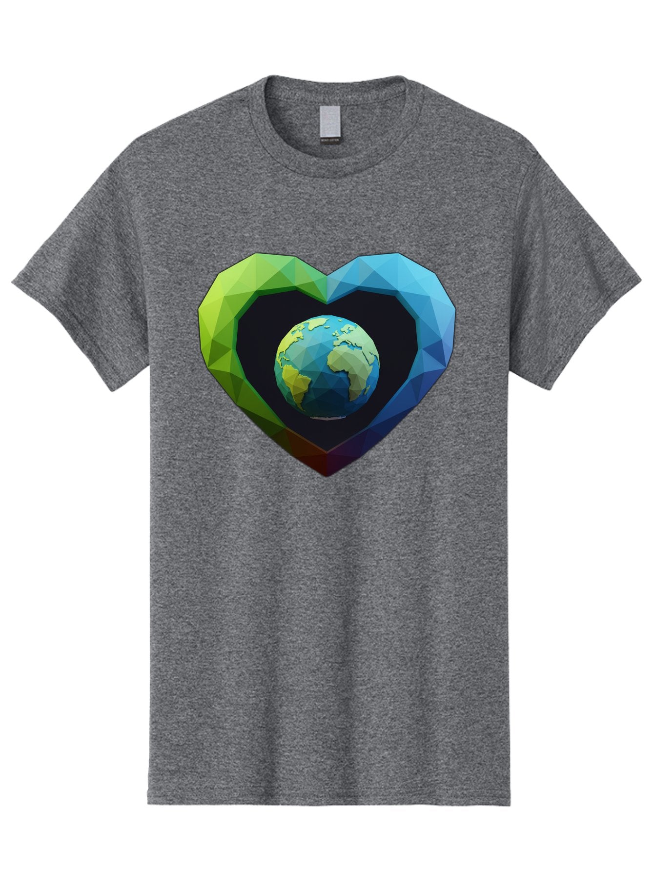 Earth-In-Heart-2 Men'S Graphic Tee, 100% Cotton, Comfortable Casual Summer Wear, Machine Washable, Globe In The Heart, Low Poly Art, Earth Love, Eco Friendly, Environmental Awareness, Blue And Green Hues, Polygonal Heart, Earth Centered, Baa582 5