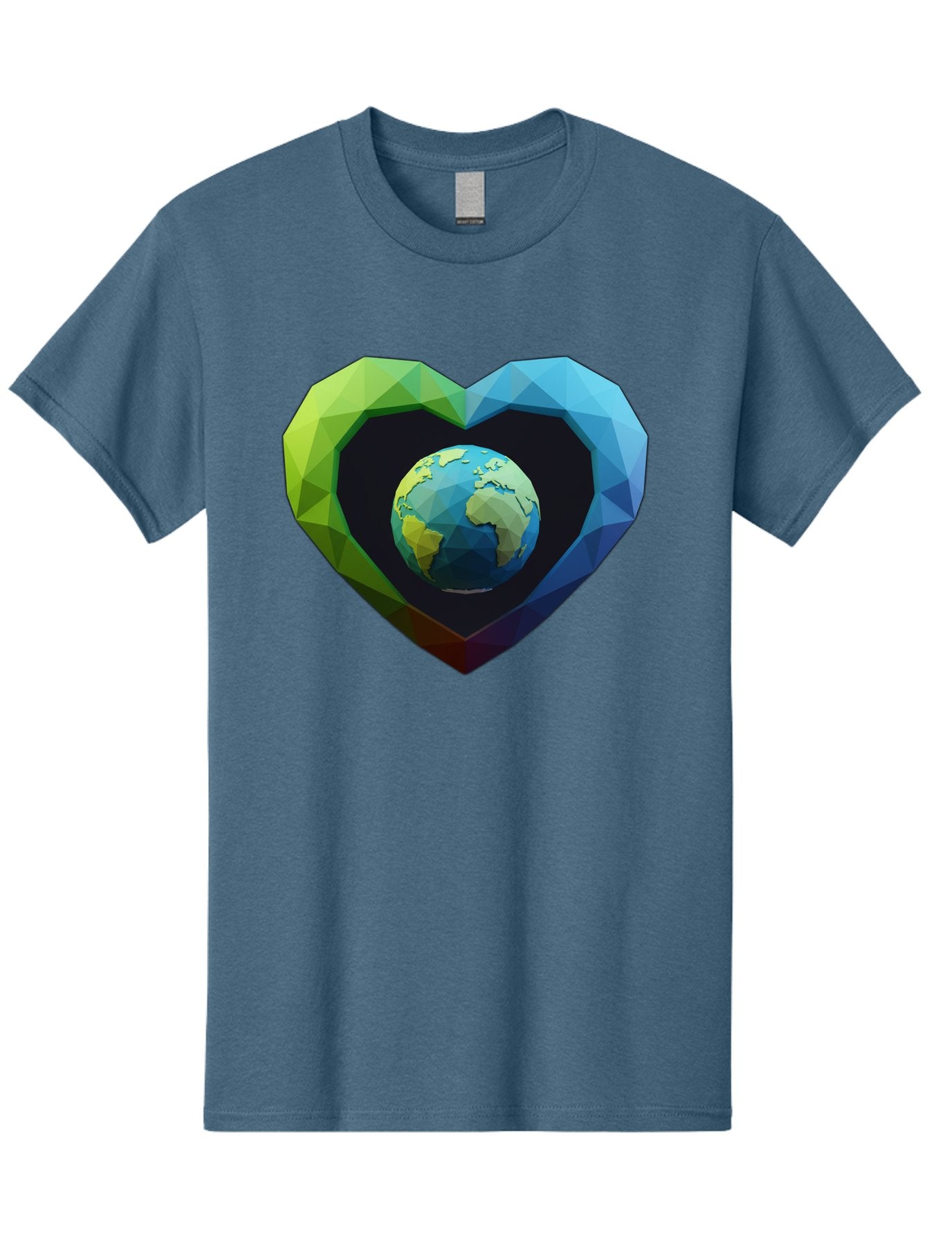Earth-In-Heart-2 Men'S Graphic Tee, 100% Cotton, Comfortable Casual Summer Wear, Machine Washable, Globe In The Heart, Low Poly Art, Earth Love, Eco Friendly, Environmental Awareness, Blue And Green Hues, Polygonal Heart, Earth Centered, Baa582 9