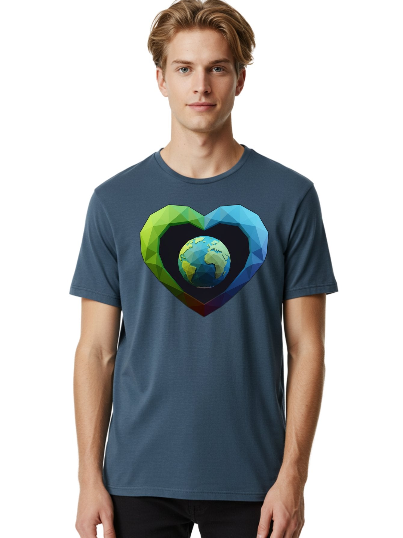 Earth-In-Heart-2 Men'S Graphic Tee, 100% Cotton, Comfortable Casual Summer Wear, Machine Washable, Globe In The Heart, Low Poly Art, Earth Love, Eco Friendly, Environmental Awareness, Blue And Green Hues, Polygonal Heart, Earth Centered, Baa582 26