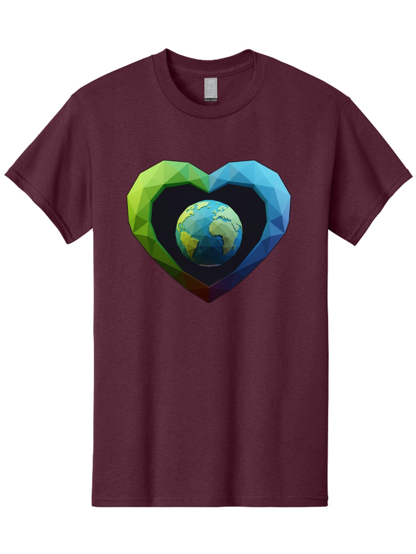 Earth-In-Heart-2 Men'S Graphic Tee, 100% Cotton, Comfortable Casual Summer Wear, Machine Washable, Globe In The Heart, Low Poly Art, Earth Love, Eco Friendly, Environmental Awareness, Blue And Green Hues, Polygonal Heart, Earth Centered, Baa582