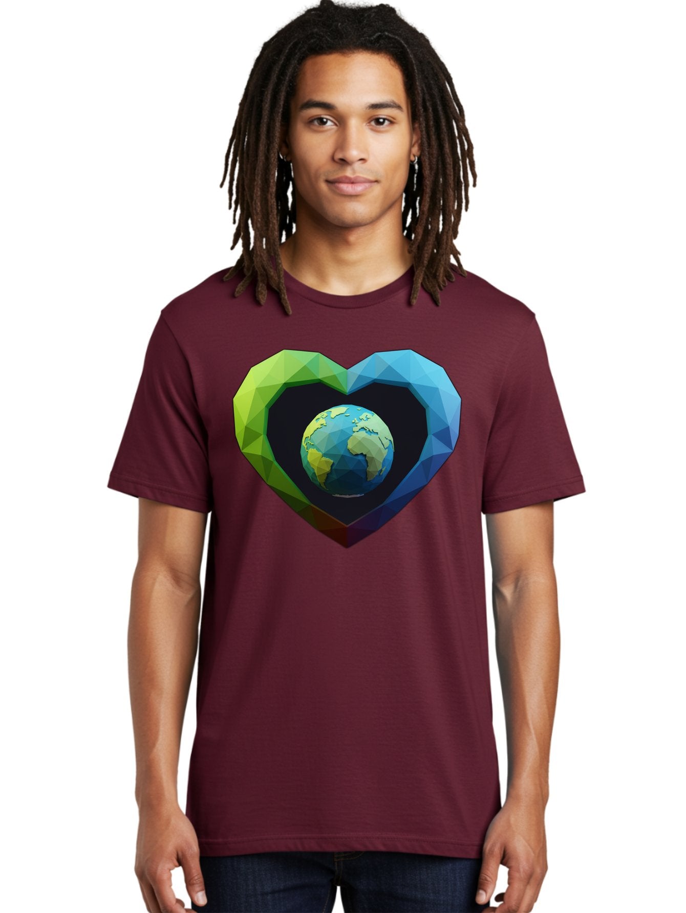 Earth-In-Heart-2 Men'S Graphic Tee, 100% Cotton, Comfortable Casual Summer Wear, Machine Washable, Globe In The Heart, Low Poly Art, Earth Love, Eco Friendly, Environmental Awareness, Blue And Green Hues, Polygonal Heart, Earth Centered, Baa582 21