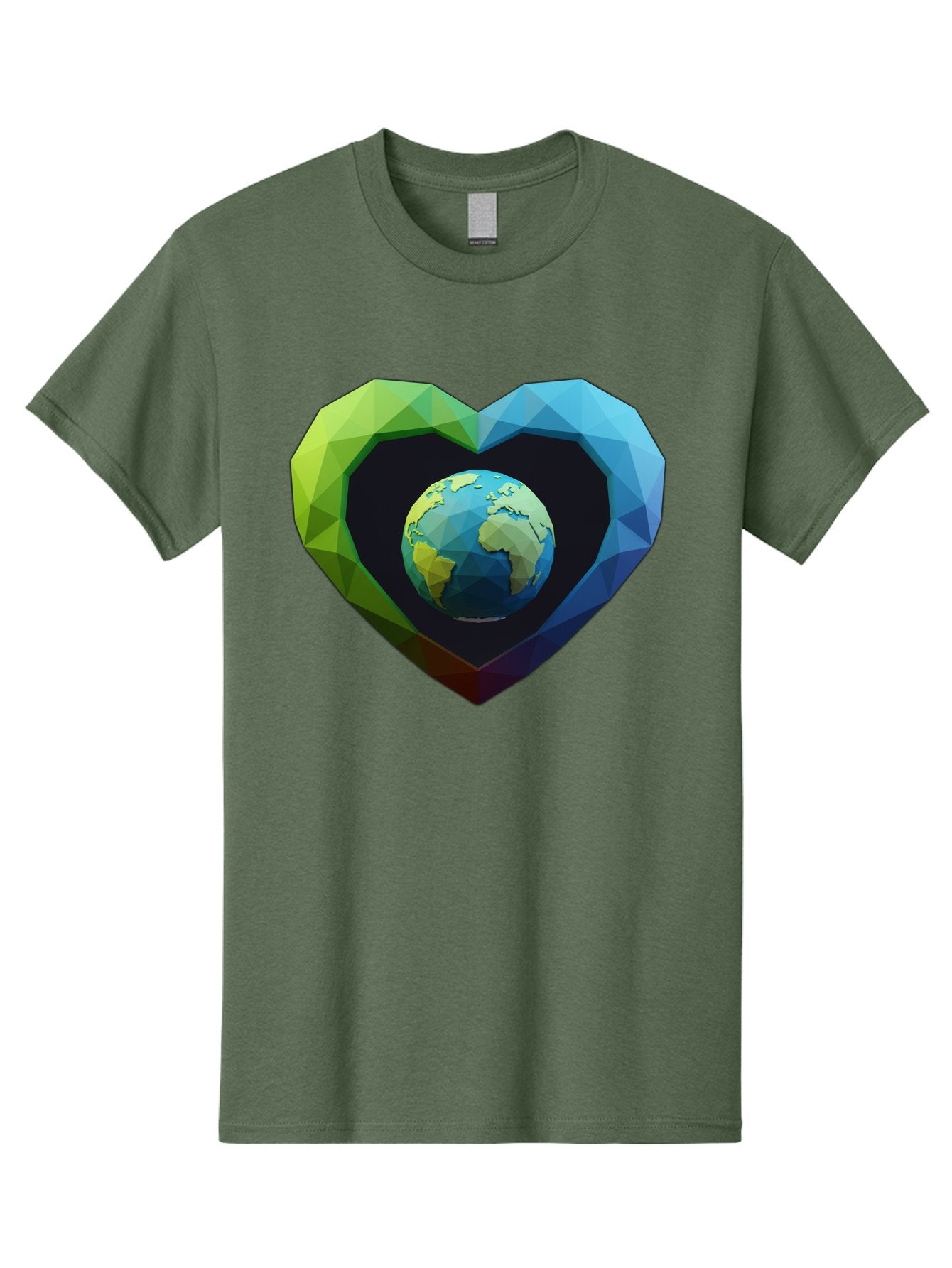 Earth-In-Heart-2 Men'S Graphic Tee, 100% Cotton, Comfortable Casual Summer Wear, Machine Washable, Globe In The Heart, Low Poly Art, Earth Love, Eco Friendly, Environmental Awareness, Blue And Green Hues, Polygonal Heart, Earth Centered, Baa582 15