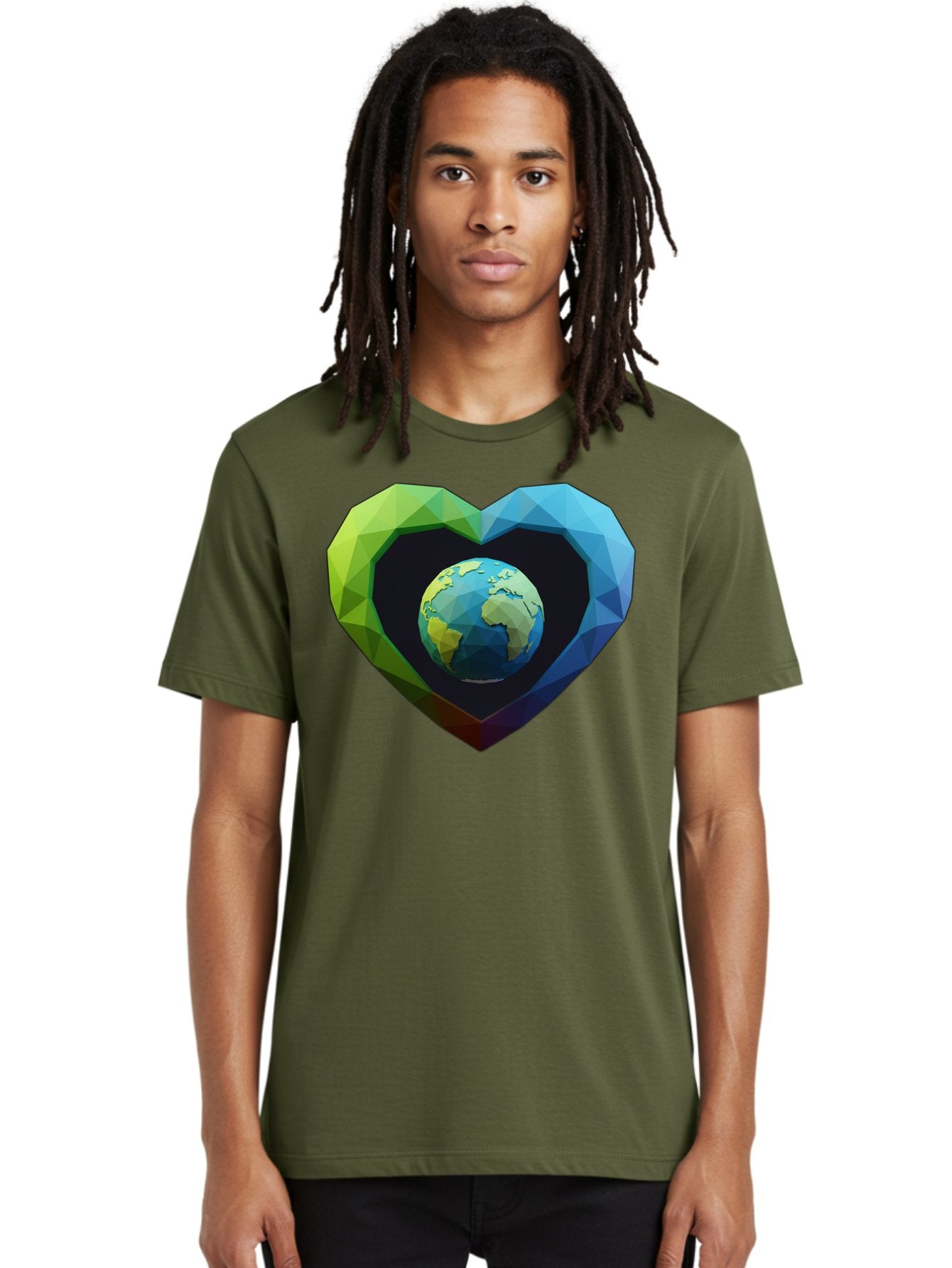 Earth-In-Heart-2 Men'S Graphic Tee, 100% Cotton, Comfortable Casual Summer Wear, Machine Washable, Globe In The Heart, Low Poly Art, Earth Love, Eco Friendly, Environmental Awareness, Blue And Green Hues, Polygonal Heart, Earth Centered, Baa582 30