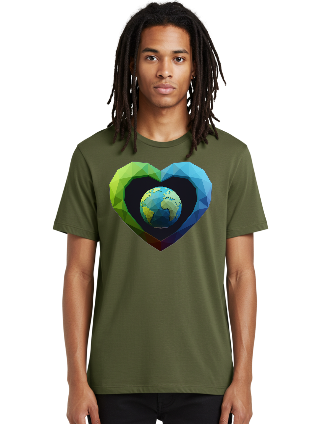 Earth-In-Heart-2 Men'S Graphic Tee, 100% Cotton, Comfortable Casual Summer Wear, Machine Washable, Globe In The Heart, Low Poly Art, Earth Love, Eco Friendly, Environmental Awareness, Blue And Green Hues, Polygonal Heart, Earth Centered, Baa582