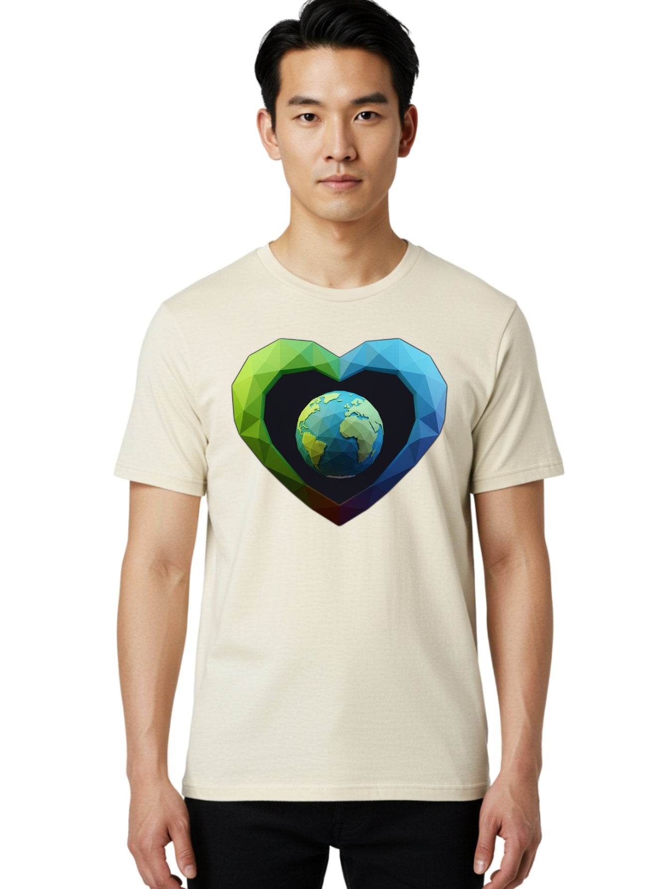 Earth-In-Heart-2 Men'S Graphic Tee, 100% Cotton, Comfortable Casual Summer Wear, Machine Washable, Globe In The Heart, Low Poly Art, Earth Love, Eco Friendly, Environmental Awareness, Blue And Green Hues, Polygonal Heart, Earth Centered, Baa582 28
