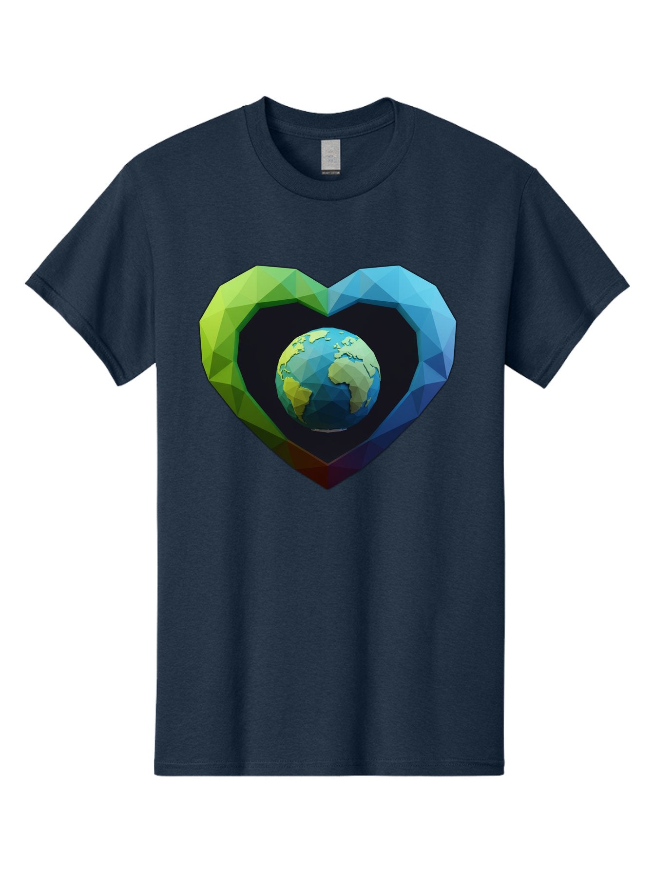Earth-In-Heart-2 Men'S Graphic Tee, 100% Cotton, Comfortable Casual Summer Wear, Machine Washable, Globe In The Heart, Low Poly Art, Earth Love, Eco Friendly, Environmental Awareness, Blue And Green Hues, Polygonal Heart, Earth Centered, Baa582 11