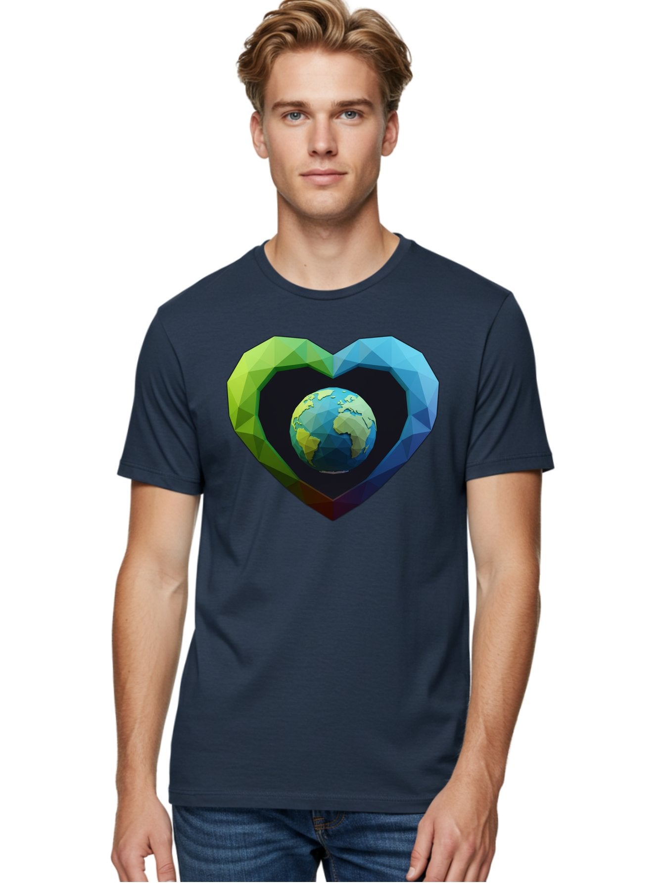 Earth-In-Heart-2 Men'S Graphic Tee, 100% Cotton, Comfortable Casual Summer Wear, Machine Washable, Globe In The Heart, Low Poly Art, Earth Love, Eco Friendly, Environmental Awareness, Blue And Green Hues, Polygonal Heart, Earth Centered, Baa582 27