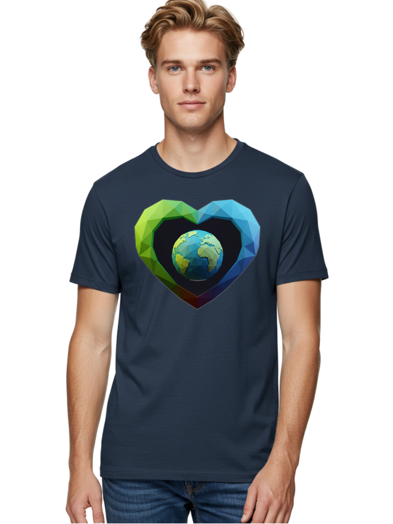 Earth-In-Heart-2 Men'S Graphic Tee, 100% Cotton, Comfortable Casual Summer Wear, Machine Washable, Globe In The Heart, Low Poly Art, Earth Love, Eco Friendly, Environmental Awareness, Blue And Green Hues, Polygonal Heart, Earth Centered, Baa582 8