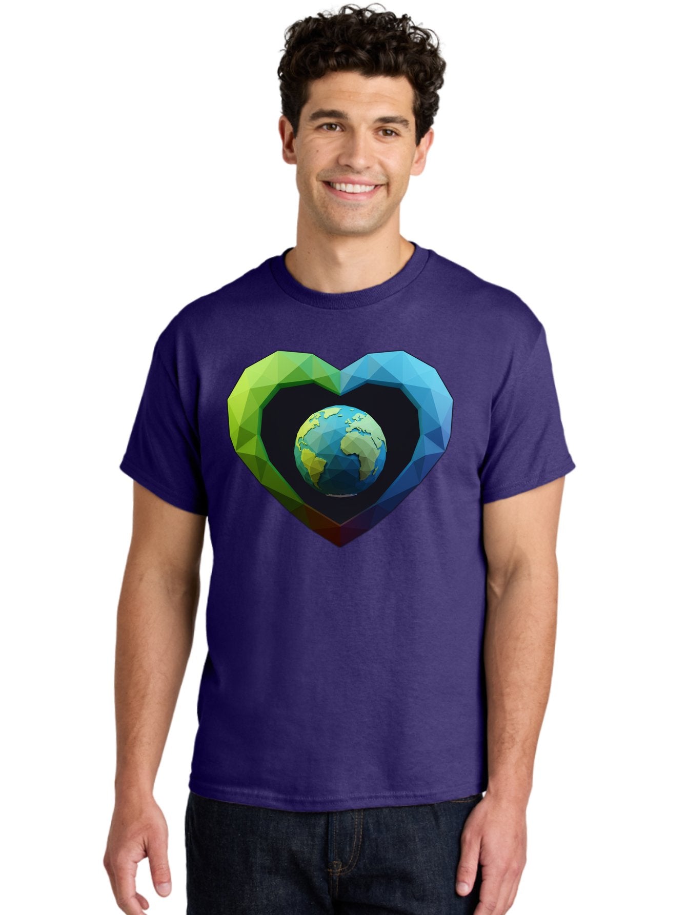 Earth-In-Heart-2 Men'S Graphic Tee, 100% Cotton, Comfortable Casual Summer Wear, Machine Washable, Globe In The Heart, Low Poly Art, Earth Love, Eco Friendly, Environmental Awareness, Blue And Green Hues, Polygonal Heart, Earth Centered, Baa582 18