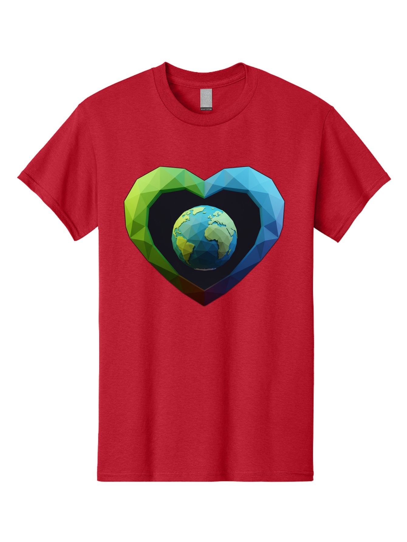Earth-In-Heart-2 Men'S Graphic Tee, 100% Cotton, Comfortable Casual Summer Wear, Machine Washable, Globe In The Heart, Low Poly Art, Earth Love, Eco Friendly, Environmental Awareness, Blue And Green Hues, Polygonal Heart, Earth Centered, Baa582 13