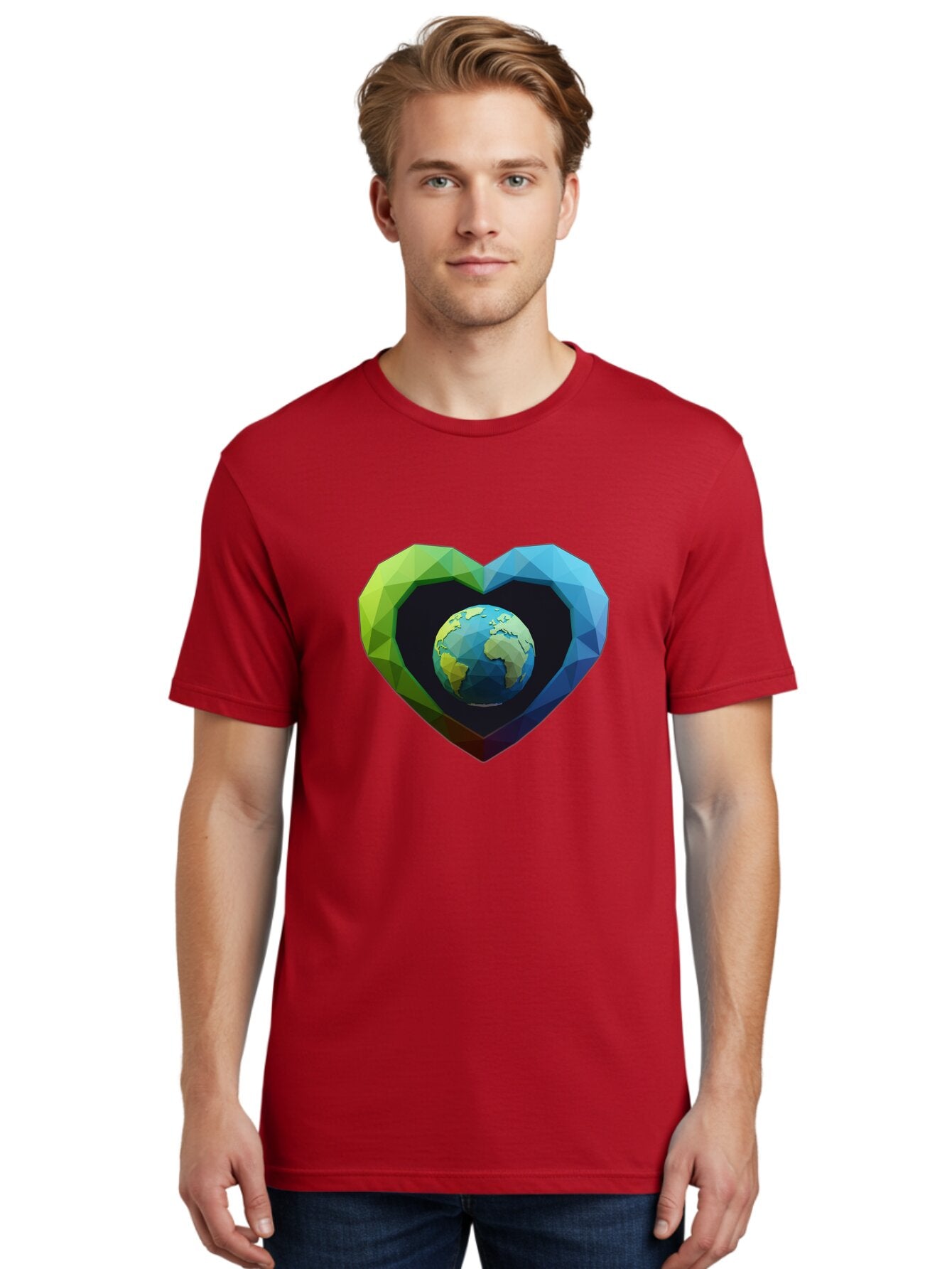 Earth-In-Heart-2 Men'S Graphic Tee, 100% Cotton, Comfortable Casual Summer Wear, Machine Washable, Globe In The Heart, Low Poly Art, Earth Love, Eco Friendly, Environmental Awareness, Blue And Green Hues, Polygonal Heart, Earth Centered, Baa582 20