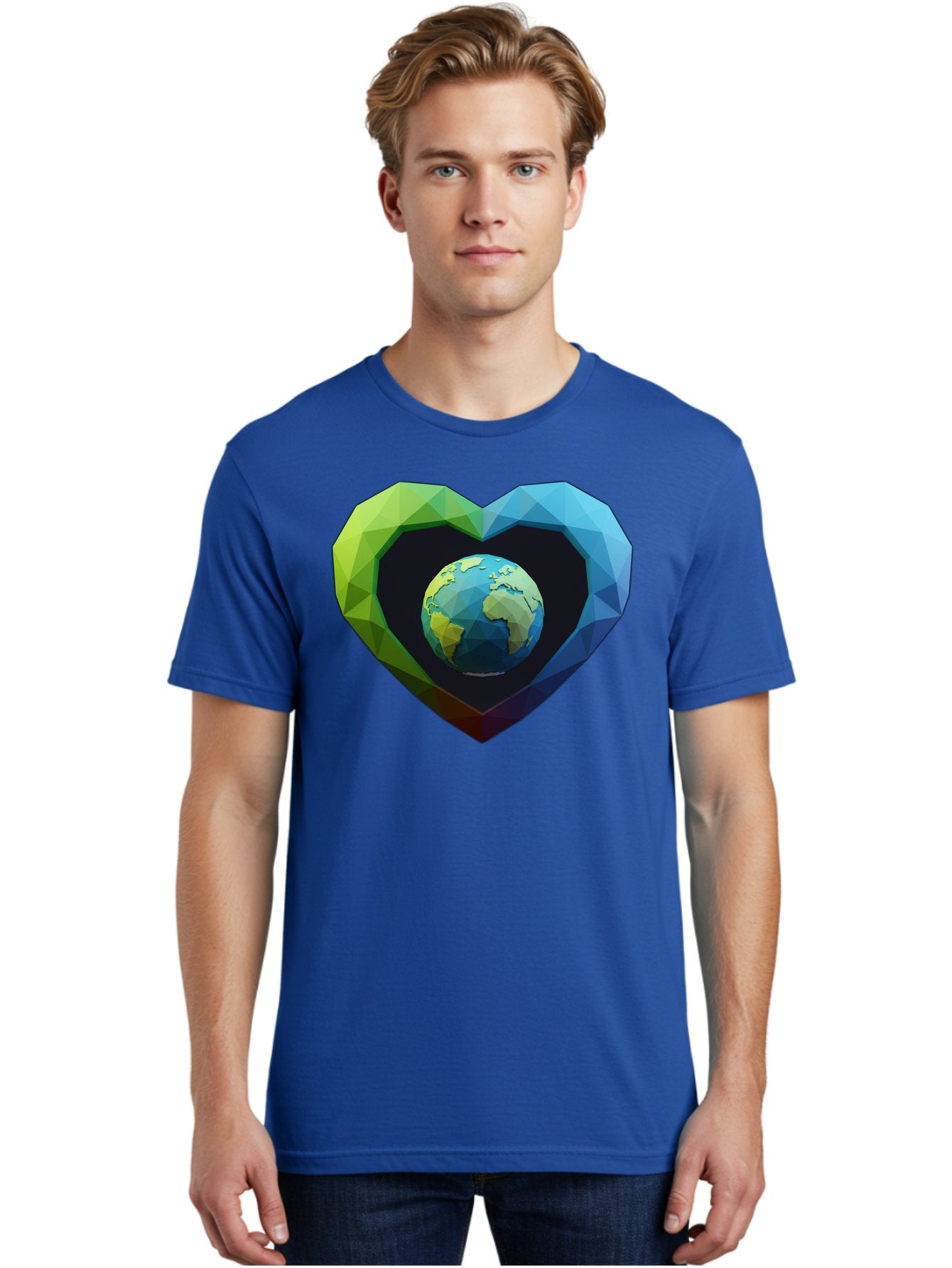 Earth-In-Heart-2 Men'S Graphic Tee, 100% Cotton, Comfortable Casual Summer Wear, Machine Washable, Globe In The Heart, Low Poly Art, Earth Love, Eco Friendly, Environmental Awareness, Blue And Green Hues, Polygonal Heart, Earth Centered, Baa582 29