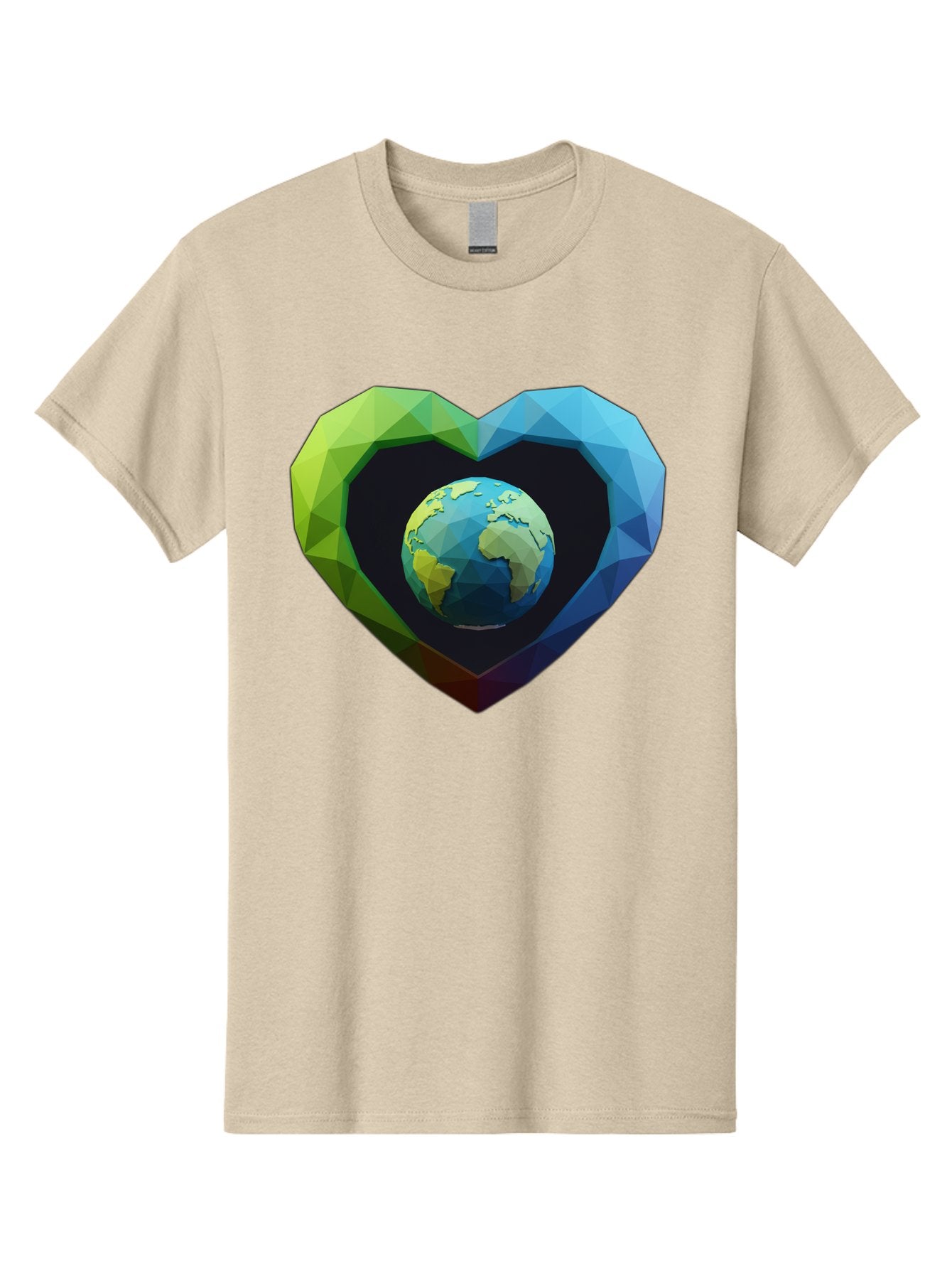 Earth-In-Heart-2 Men'S Graphic Tee, 100% Cotton, Comfortable Casual Summer Wear, Machine Washable, Globe In The Heart, Low Poly Art, Earth Love, Eco Friendly, Environmental Awareness, Blue And Green Hues, Polygonal Heart, Earth Centered, Baa582 8