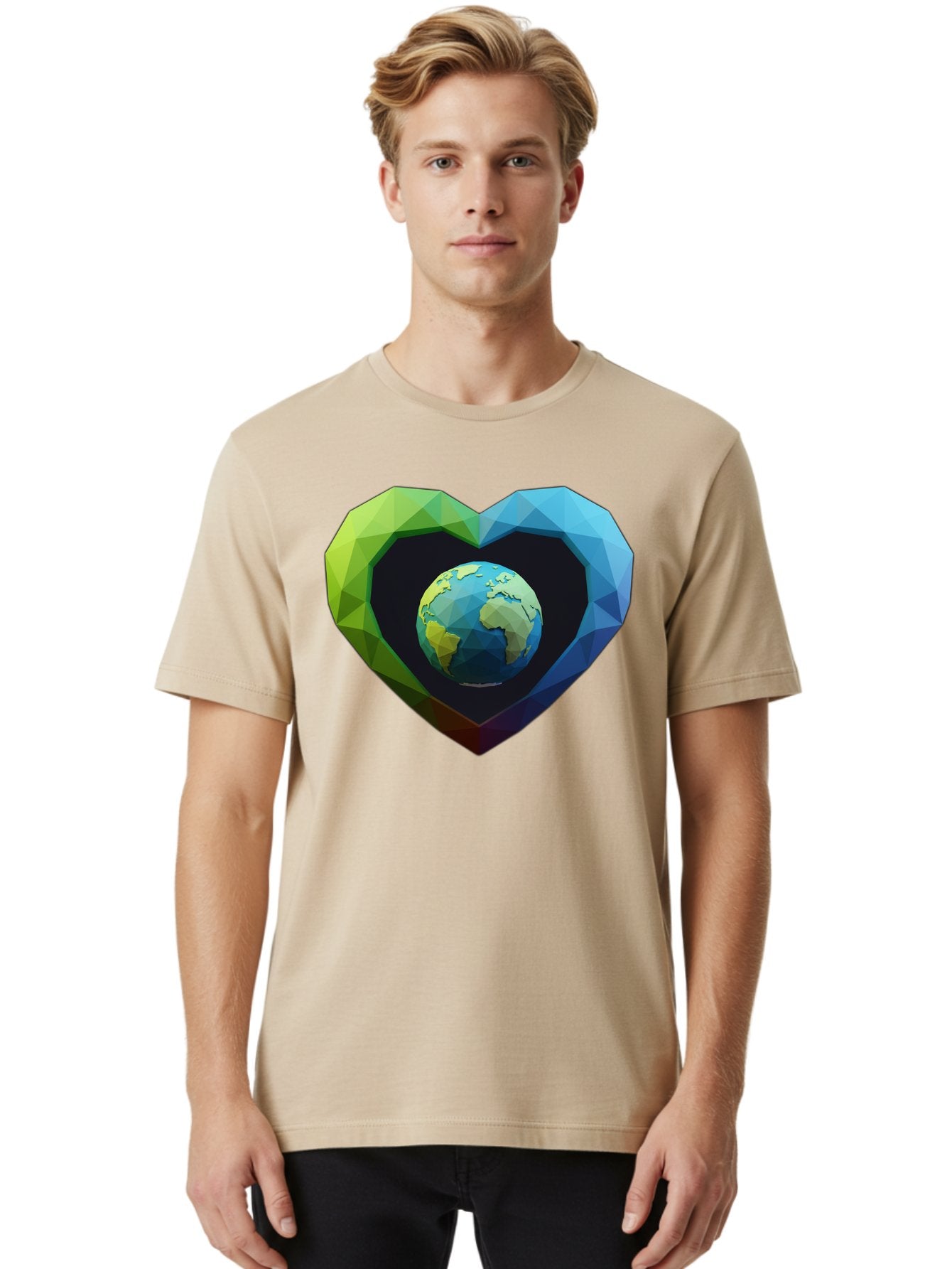 Earth-In-Heart-2 Men'S Graphic Tee, 100% Cotton, Comfortable Casual Summer Wear, Machine Washable, Globe In The Heart, Low Poly Art, Earth Love, Eco Friendly, Environmental Awareness, Blue And Green Hues, Polygonal Heart, Earth Centered, Baa582 25